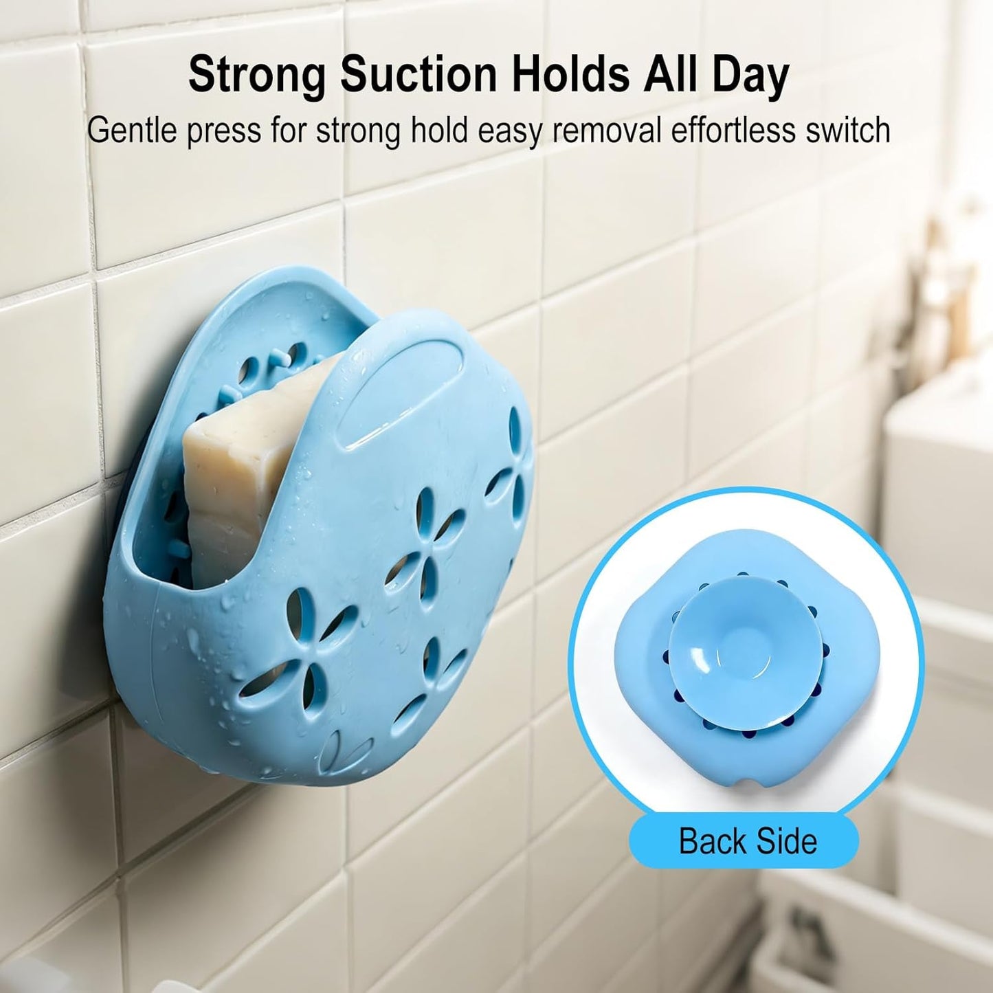 2 Pack Shower Steamer Holder Suction Cup | Silicone Bathroom Accessories with Adjustable Hanging Strap, Non-Slip Aromatherapy Diffuser Container, White & Blue