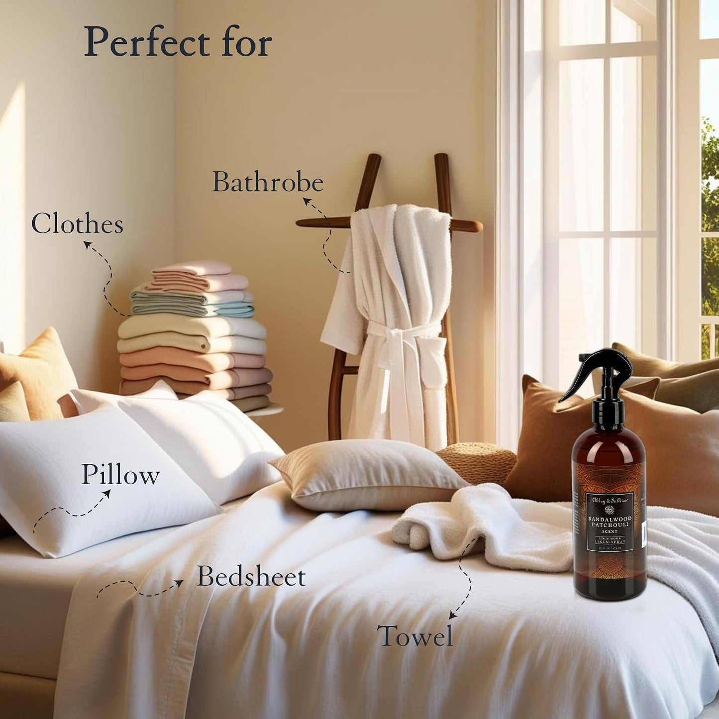 Abbey & Sullivan Linen Spray, Sandalwood & Patchouli, Warm and Earthy Odor Eliminating Scent, Pack of 2, 16 oz