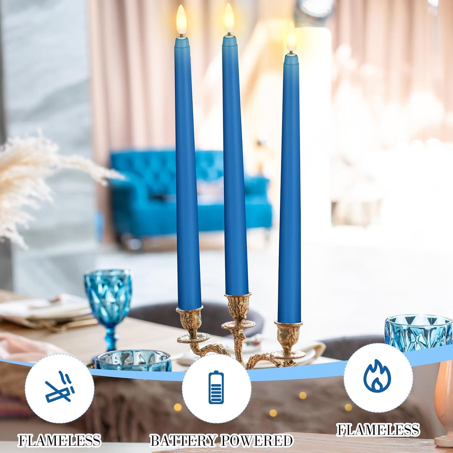 Macarrie 24 Packs Flameless Taper Candles Battery Operated Fake 11 Inch Long Candlelight LED Flameless Candlesticks Flickering Tapered for Summer Fall Wedding(Blue)