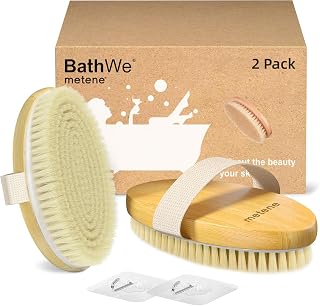 Metene 2 Pack Dry Body Brushes, Exfoliating Body Scrubbers, Natural Bristles for Dry Skin, Improve Circulation, Stop Ingrown Hairs, Reduce Acne and Cellulite (G7130)