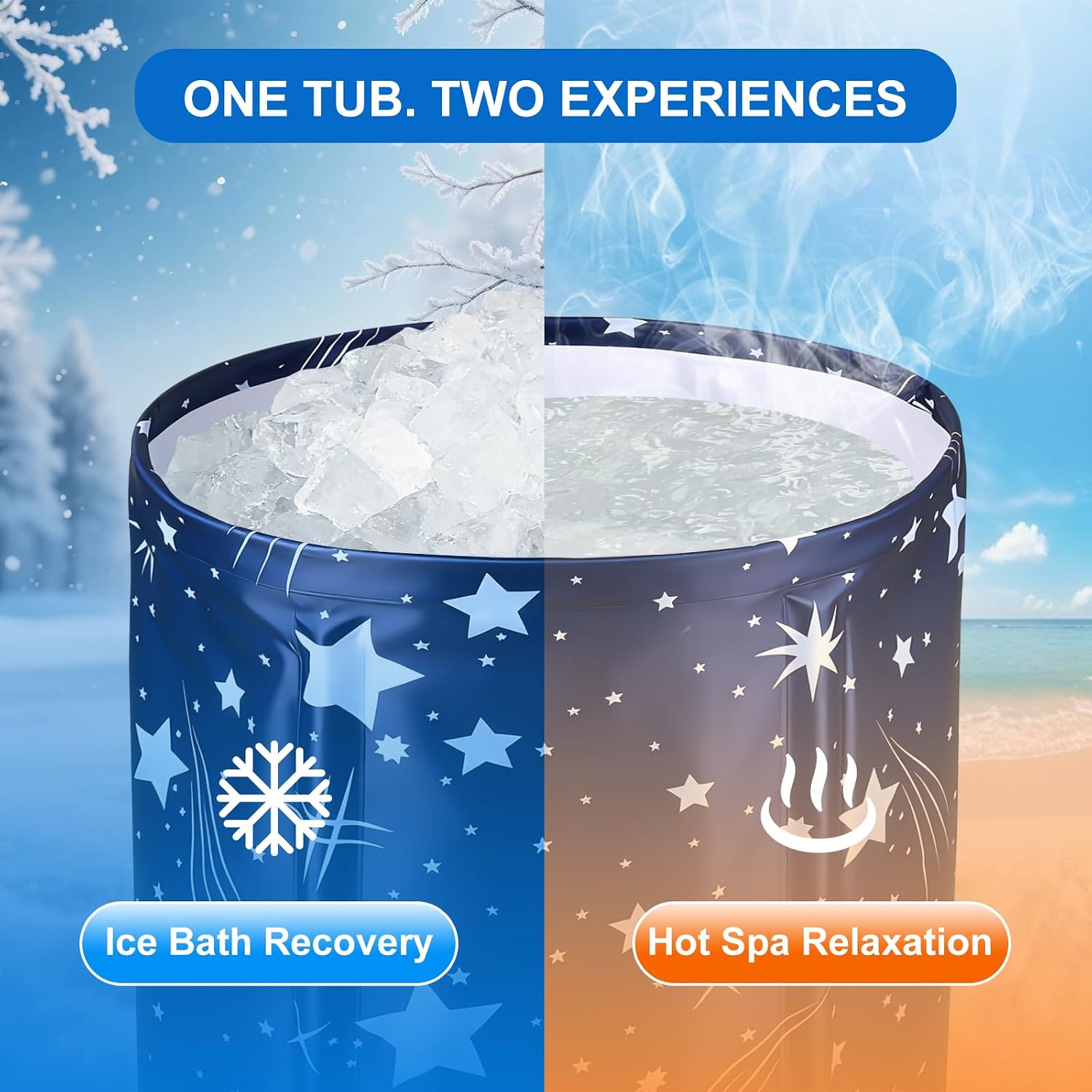 Portable Foldable Bathtub, Collapsible Adult Bath Tub for Hot SPA and Ice Bath, Space-Saving Storage, Durable PVC Material (Starry Sky B, 27inch)