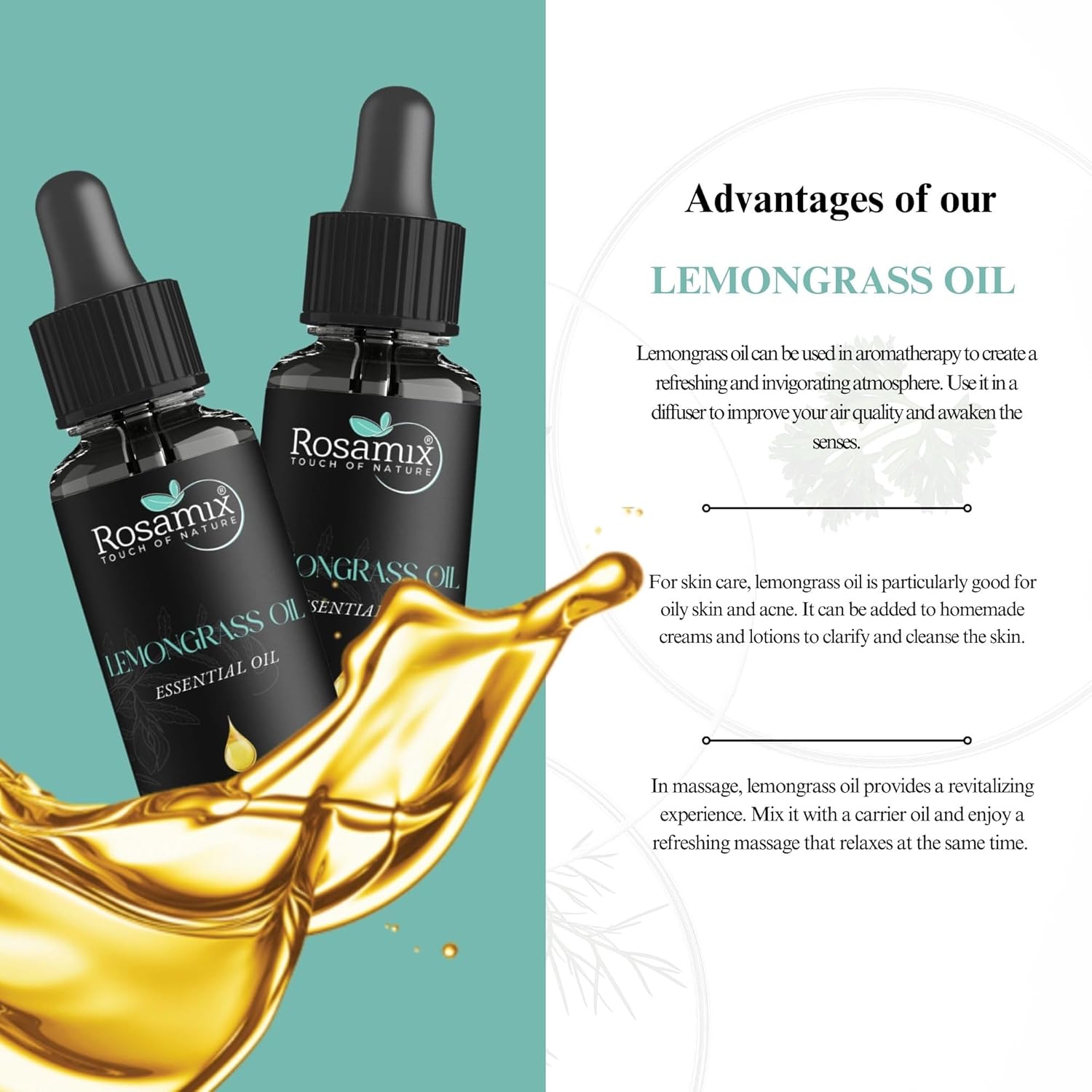 Pure Lemongrass Essential Oil - Refreshing, Skincare, Relaxation, Bath, and Massage Oil, 30ml
