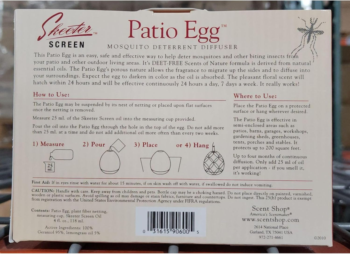 Skeeter Screen Patio Egg Diffuser – Decorative Essential Oil Set with 3-Month Supply – No Flame or Power – Includes Beaker & Netting – Patios, Garages, Stables – Covers Up to 300 Sq Ft