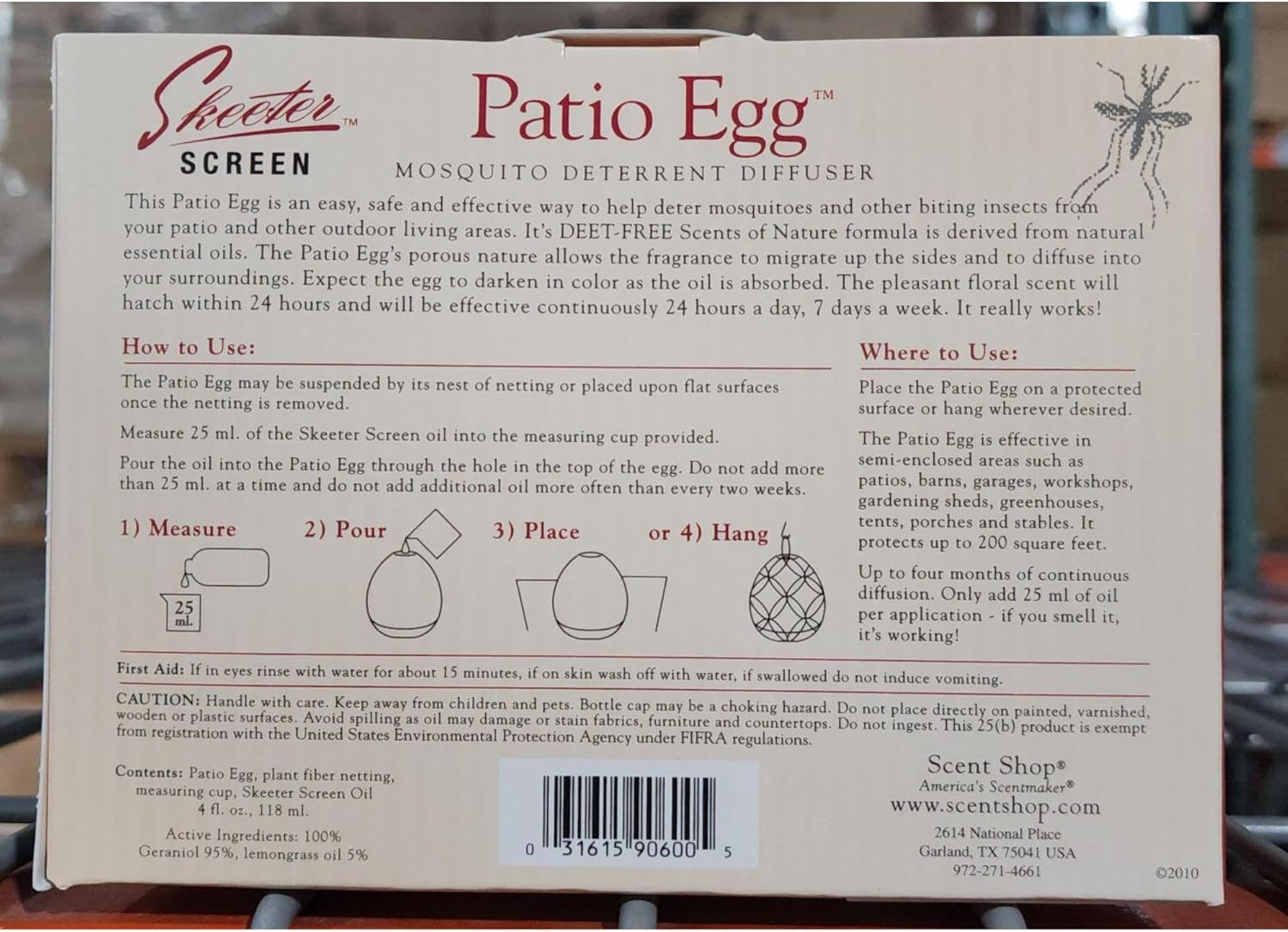 Skeeter Screen Patio Egg Diffuser – Decorative Essential Oil Set with 3-Month Supply – No Flame or Power – Includes Beaker & Netting – Patios, Garages, Stables – Covers Up to 300 Sq Ft