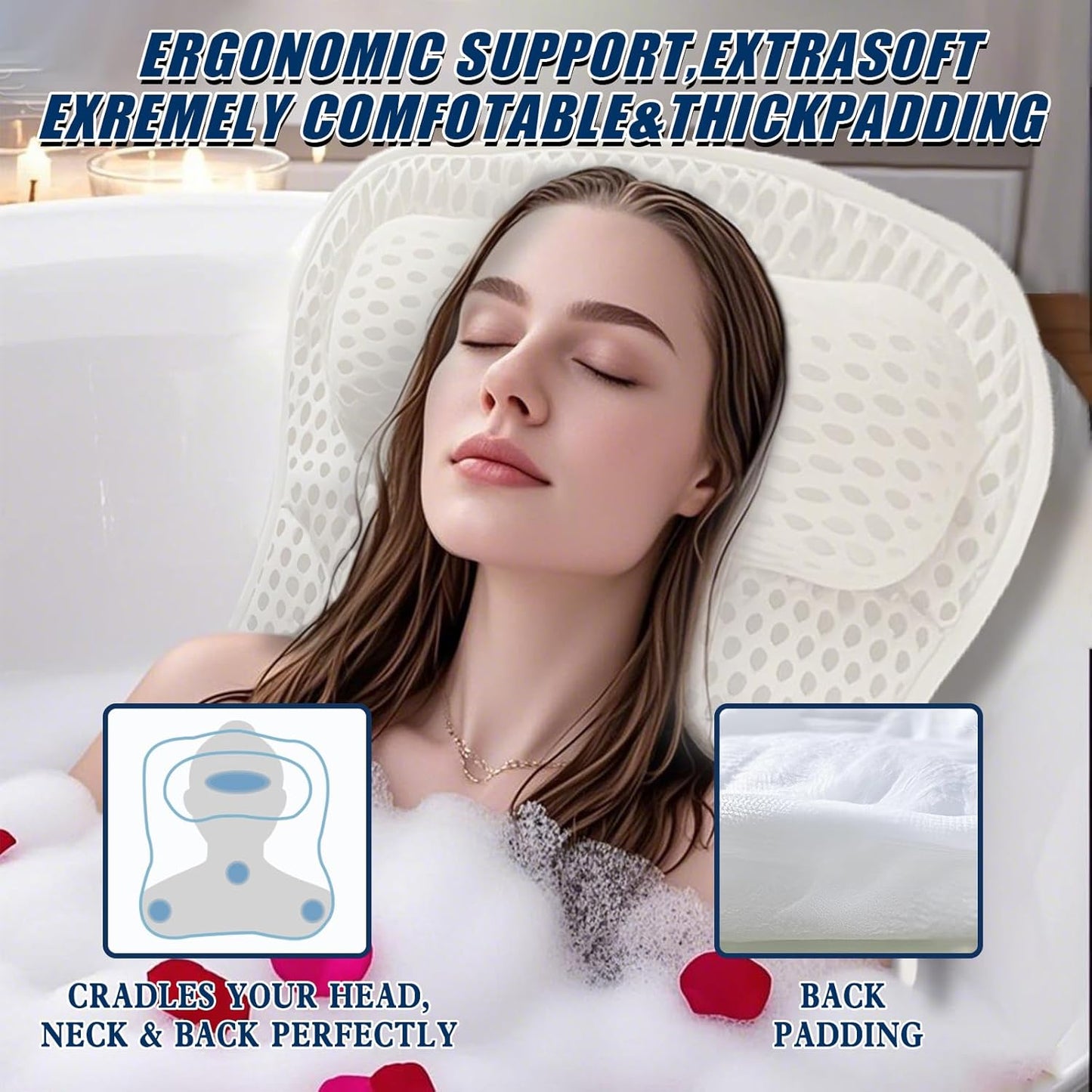 Bath Pillow Bathtub Pillow, Thick Padded Ergonomic Bathtub Headrest for Tub Neck and Back Support with Soft 4D Mesh Fabric and Six Non-Slip Suction Cups, Bath Pillows for Bath Accessories