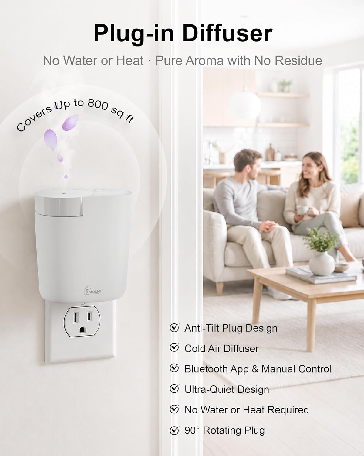 Waterless Plug in Diffuser, 800 Sq Ft, No Wobble Secure Wall Fit, Adjustable Timer & Scent Intensity,App Control,Essential Oil Plug in Wall Diffuser, Includes 2 x 60ml Fragrance Oils, White