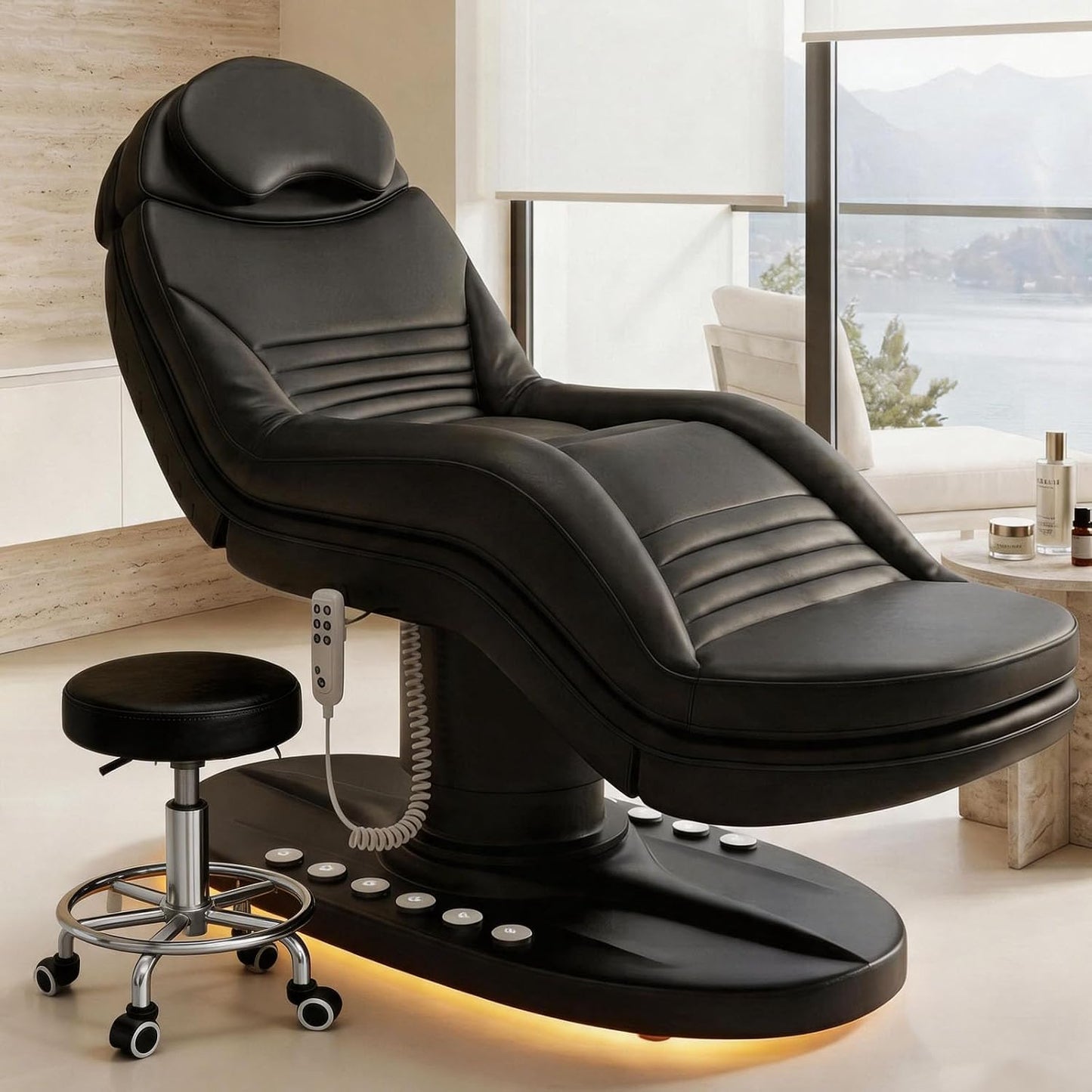 VARONXE Fully Electric Massage Table Esthetician Bed, Adjustable Spa Facial Bed Lash Chair with Light, Ergonomic Medical Exam Table for Beauty Treatment Tattooing Waxing, Black Stool