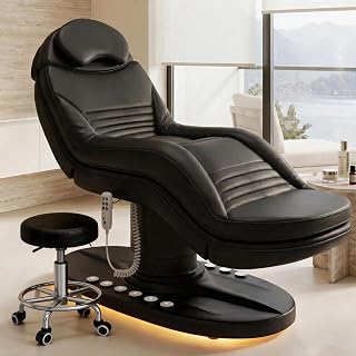 VARONXE Fully Electric Massage Table Esthetician Bed, Adjustable Spa Facial Bed Lash Chair with Light, Ergonomic Medical Exam Table for Beauty Treatment Tattooing Waxing, Black Stool