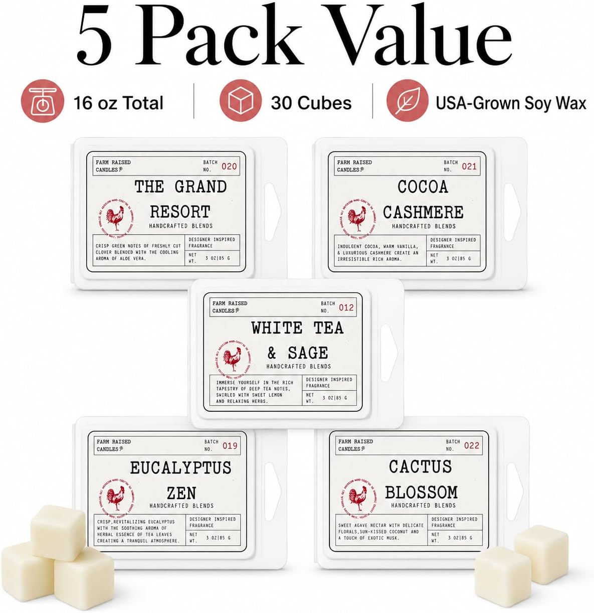 Resort Spa Soy Wax Melts, 5 Pack, 16 oz | 5 hotel & spa inspired scents • 16 oz total • 30 cubes • USA-grown soy wax