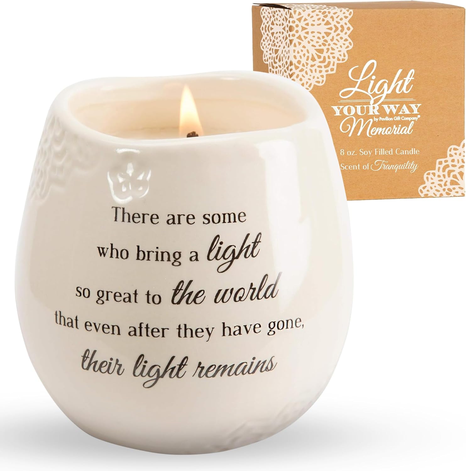 Pavilion Gift Company - 'In Memory, Light Remains' 19176 - White Ceramic Candle with Soy Wax in a Delicate Jasmine Scent, Thoughtful Sympathy, Remembrance, and Condolence Gift - 8 Ounces