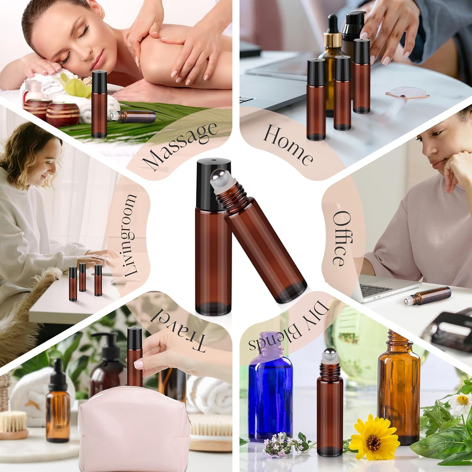10ml Roller Bottles for Essential Oils, 6 Pack Glass Roll on Bottles, Refillable Perfume Bottle, with Stainless Steel Roller Balls, 2 Droppers, 1 Opener, Labels(Amber)