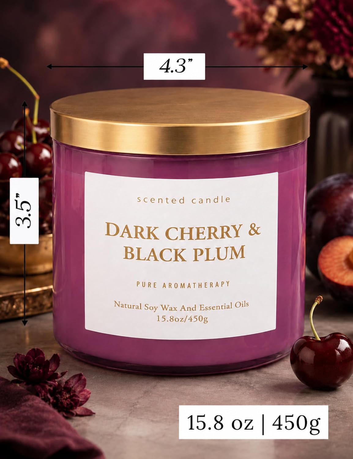 Dark Cherry Black Plum 3-Wick Soy Candle, 15.8 oz Scented Candle for Home | Black Cherry, Plum & Vanilla Notes, Aromatherapy, Highly Scented, Clean Burn, Summer & Fall candle, Gift for Women & Men