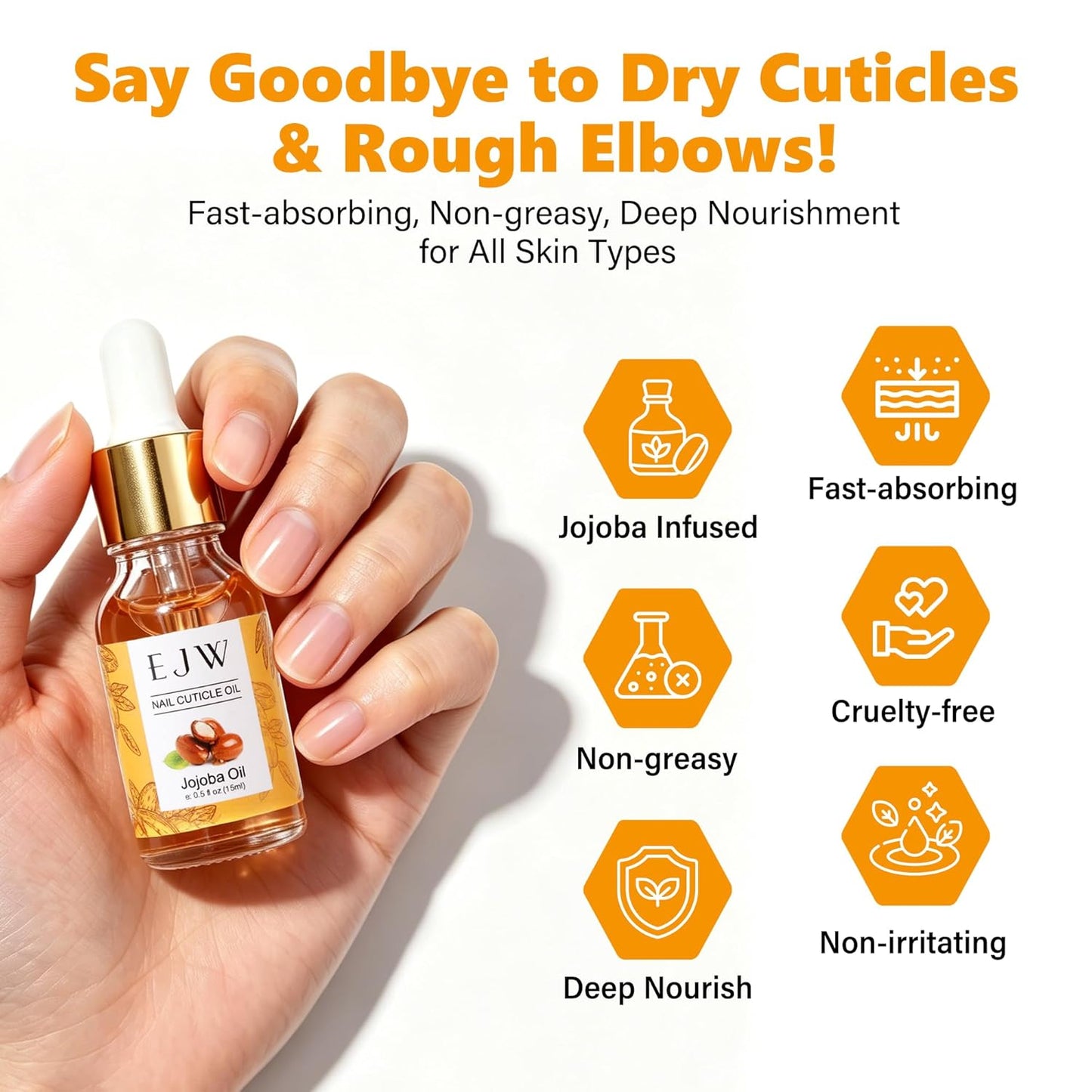 EJW Jojoba Oil for Nail, Cuticle Oil with Sea Buckthorn & Vitamin E, Nail Strengthener and Growth for Dry Cuticles, Fingertips & Elbows, 0.5 Fl Oz