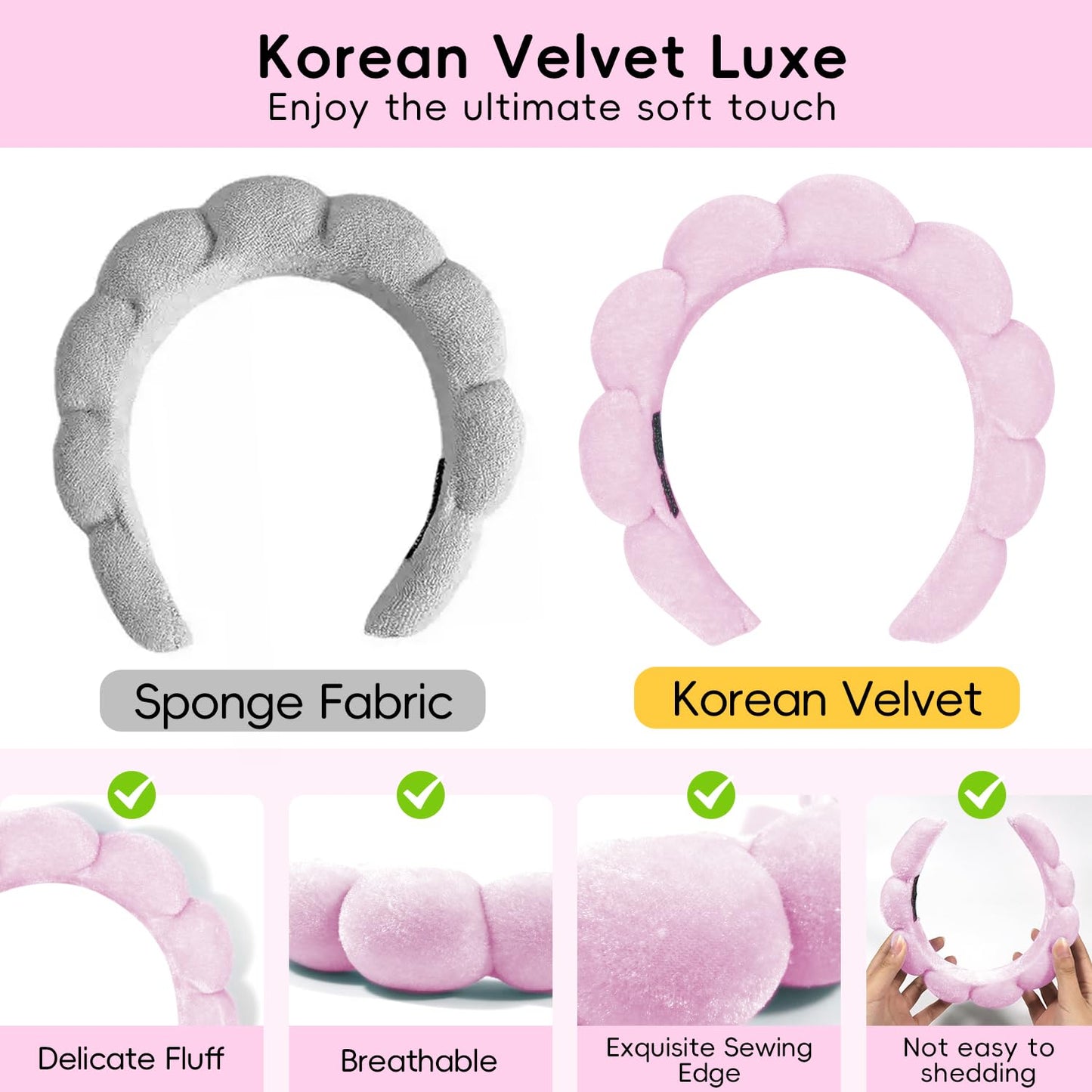 my novel things Spa Headband for Washing Face, Cute Skincare Headband and Wristband With Hair Clips Gift Set for Women Girl, Soft-Puffy Velvet Makeup Headbands (Pink)