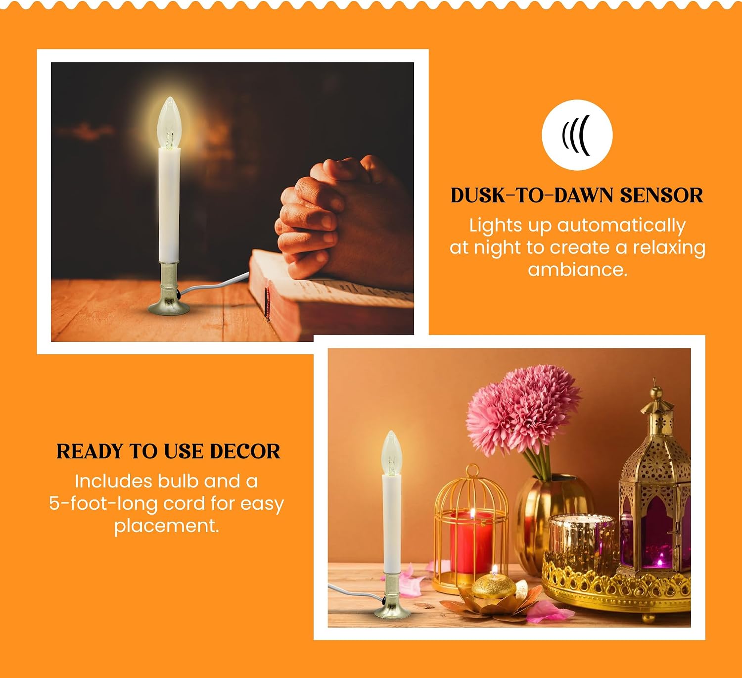 Creative Hobbies Electric Window Candle Lamp with Brass Plated Base, Dusk to Dawn Sensor Turns Candle on in Dark and Off in Light, Ready to Use!