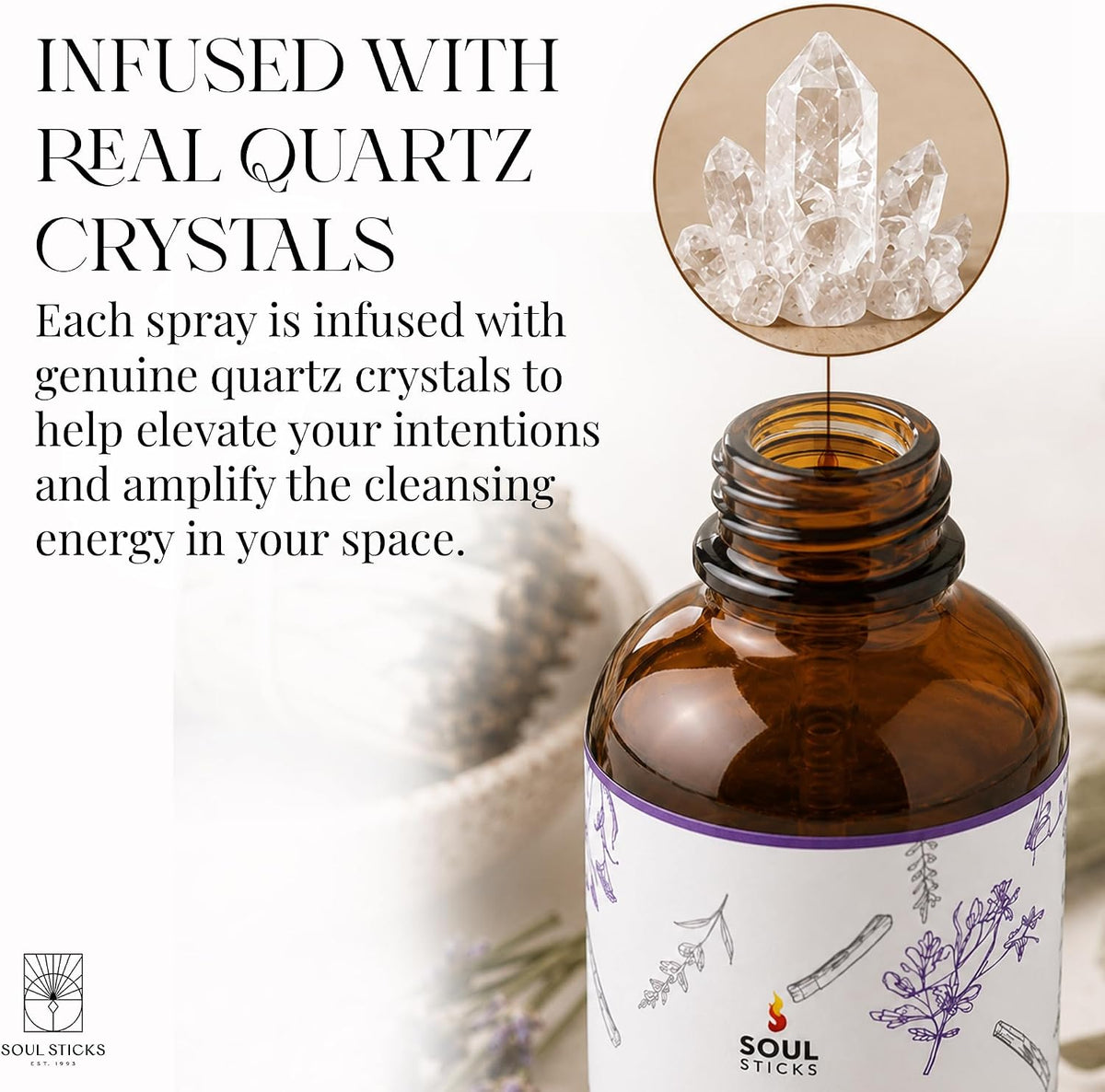 SOUL STICKS White Sage &amp; Lavender Smudge Spray – 3.5oz Smokeless Mist with Quartz Crystals – Calming Essential Oil Spray for Sleep, Stress Relief, Meditation, and Energy Cleansing