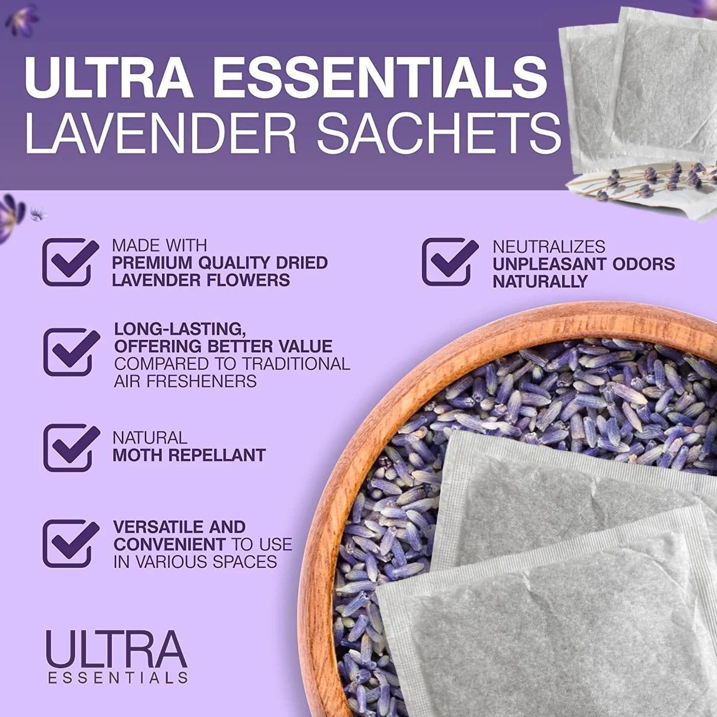 Lavender Dryer Sachets, Premium Extra Flowers, Lavender Scented Sachets for Drawers and Closets, Natural Air Freshener Bags, Odor Eliminator for Closet, Car, Shoes, Gym Bag, Suitcase, Luggage (6 Pack)