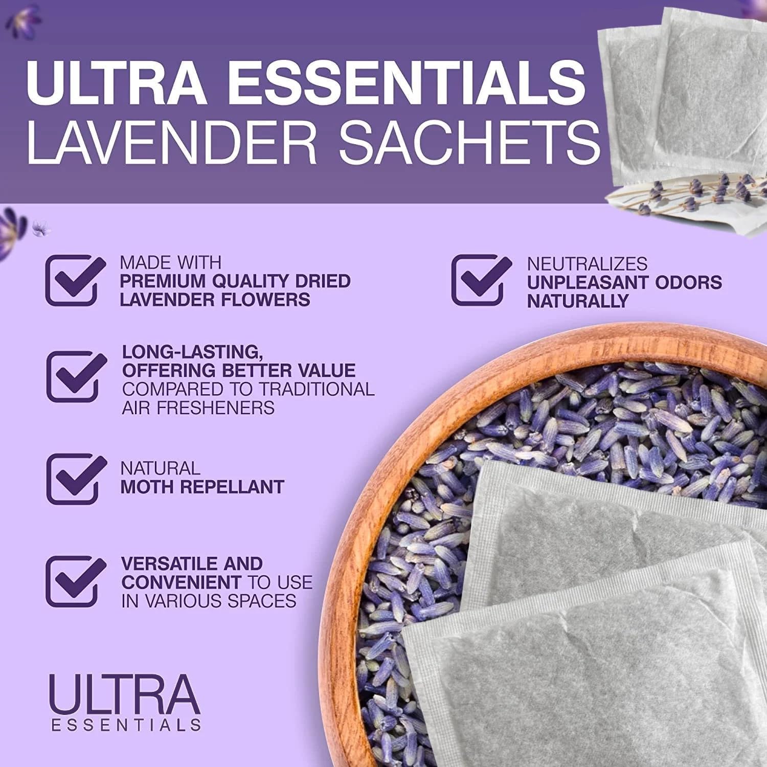 Lavender Dryer Sachets, Premium Extra Flowers, Lavender Scented Sachets for Drawers and Closets, Natural Air Freshener Bags, Odor Eliminator for Closet, Car, Shoes, Gym Bag, Suitcase, Luggage (6 Pack)