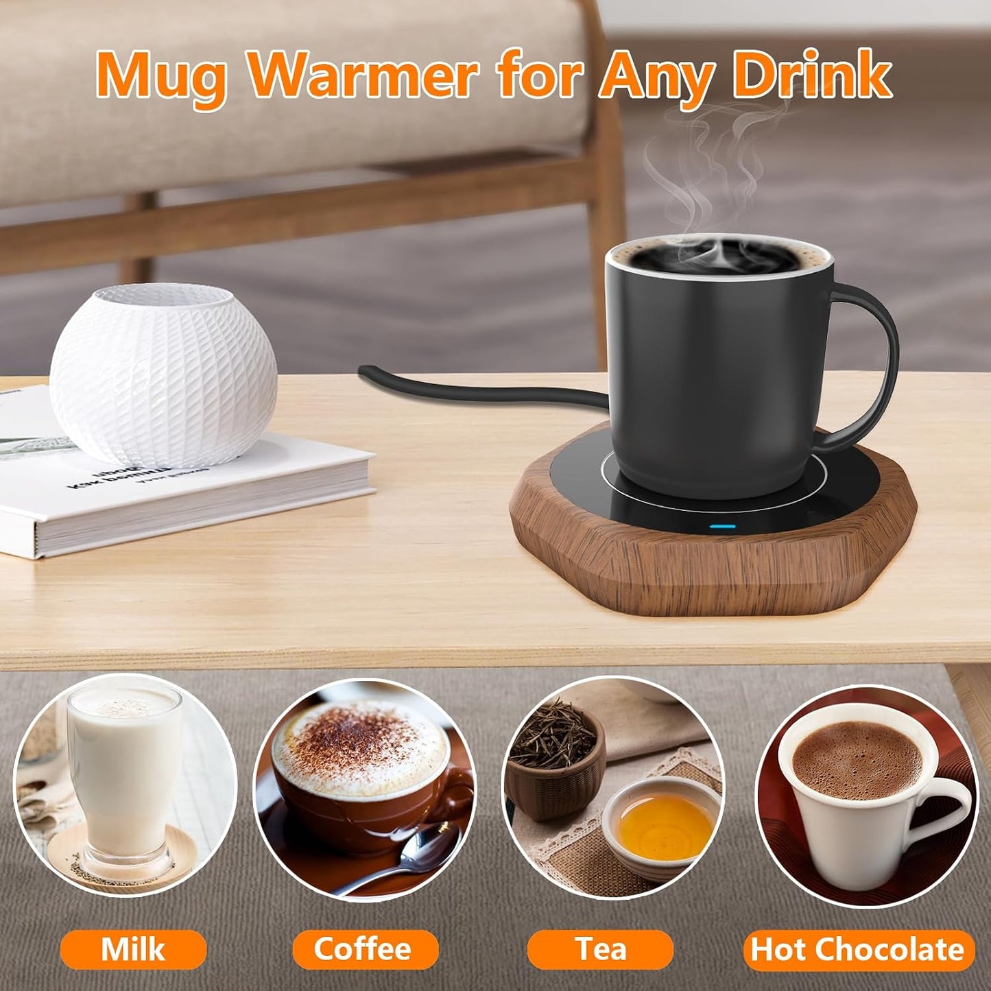 Coffee Mug Warmer: Smart Beverage Heating Plate Candle Wax Cup Warmer Electric Thermostat Coaster for Hot Coffee Milk Tea Water Cocoa Desk Home Office Use (R1 Wood Grain)