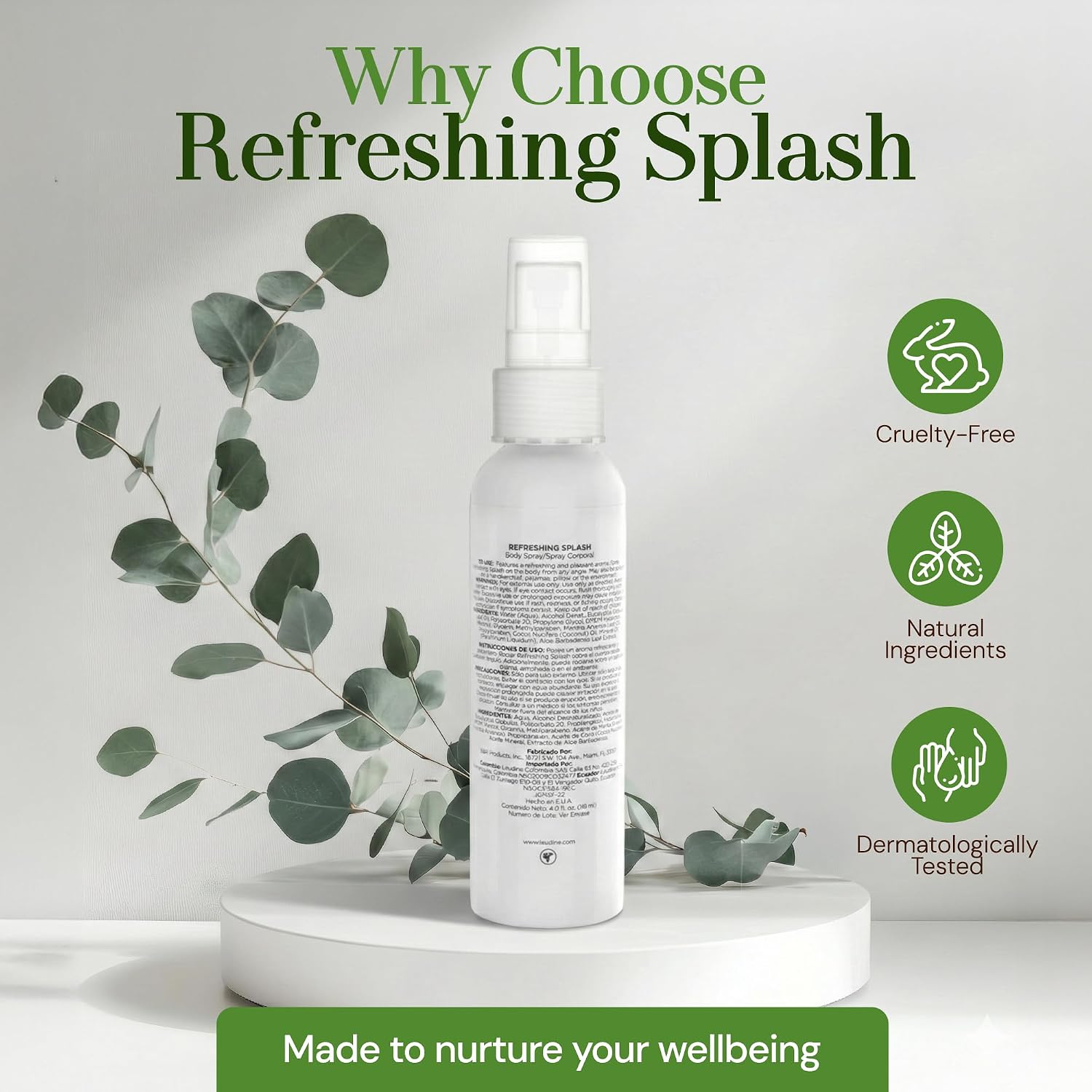 L'EUDINE Refreshing Splash with Eucalyptus Oil-Respiratory Care Body & Room Spray Mint and Aloe Infused Mist for Family Wellness, MultiUse Aromatherapy for Skin, Linens, and Small Spaces, 4 fl oz