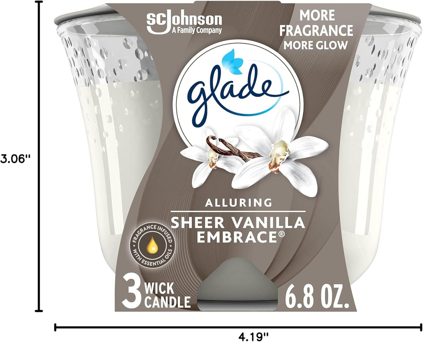 Glade Candle Sheer Vanilla Embrace, Infused with Essential Oils, Air Freshener, 3-Wick Candle, 6.8 Oz