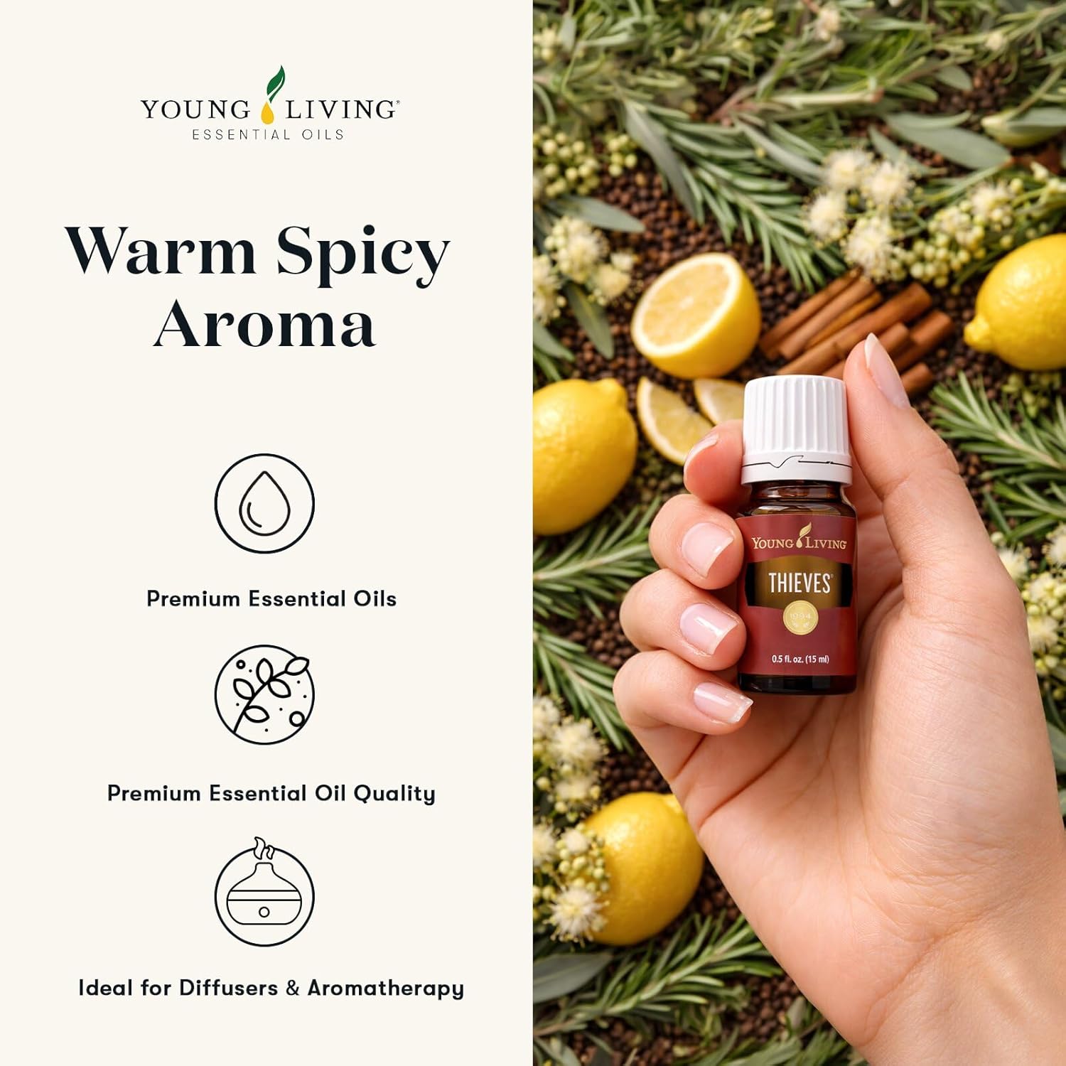 Young Living Thieves Essential Oil Blend 15ml | Natural Aromatherapy Oil for Diffuser & Topical Use with Clove, Eucalyptus & Rosemary | Revitalizing Household Essential Oil