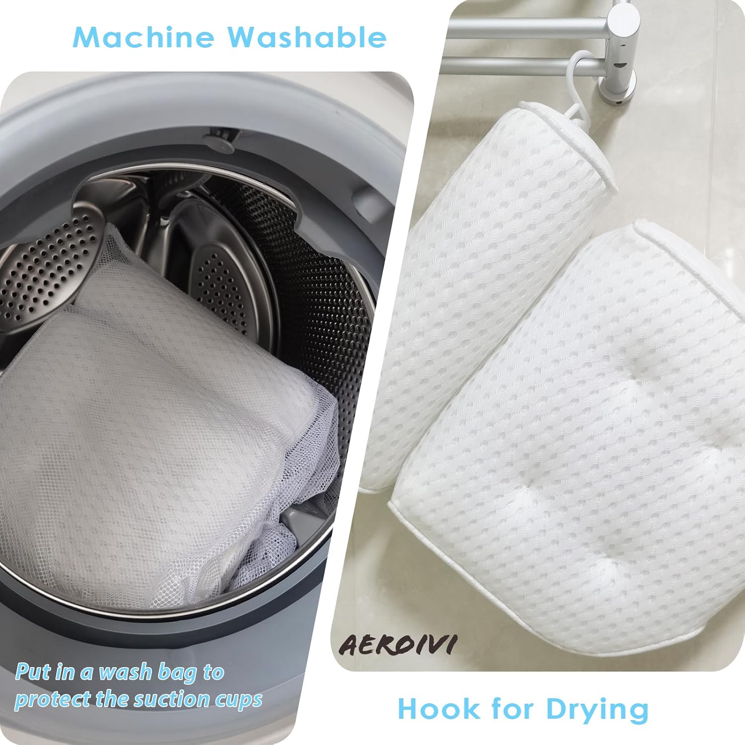 AEROiVi Luxury Bath Pillows for Tub，Bath Pillow with Laundry Bag Bathtub Pillows for Head and Neck Support Bath Cushion Made from Soft Spacer Mesh Material with Suction Cups