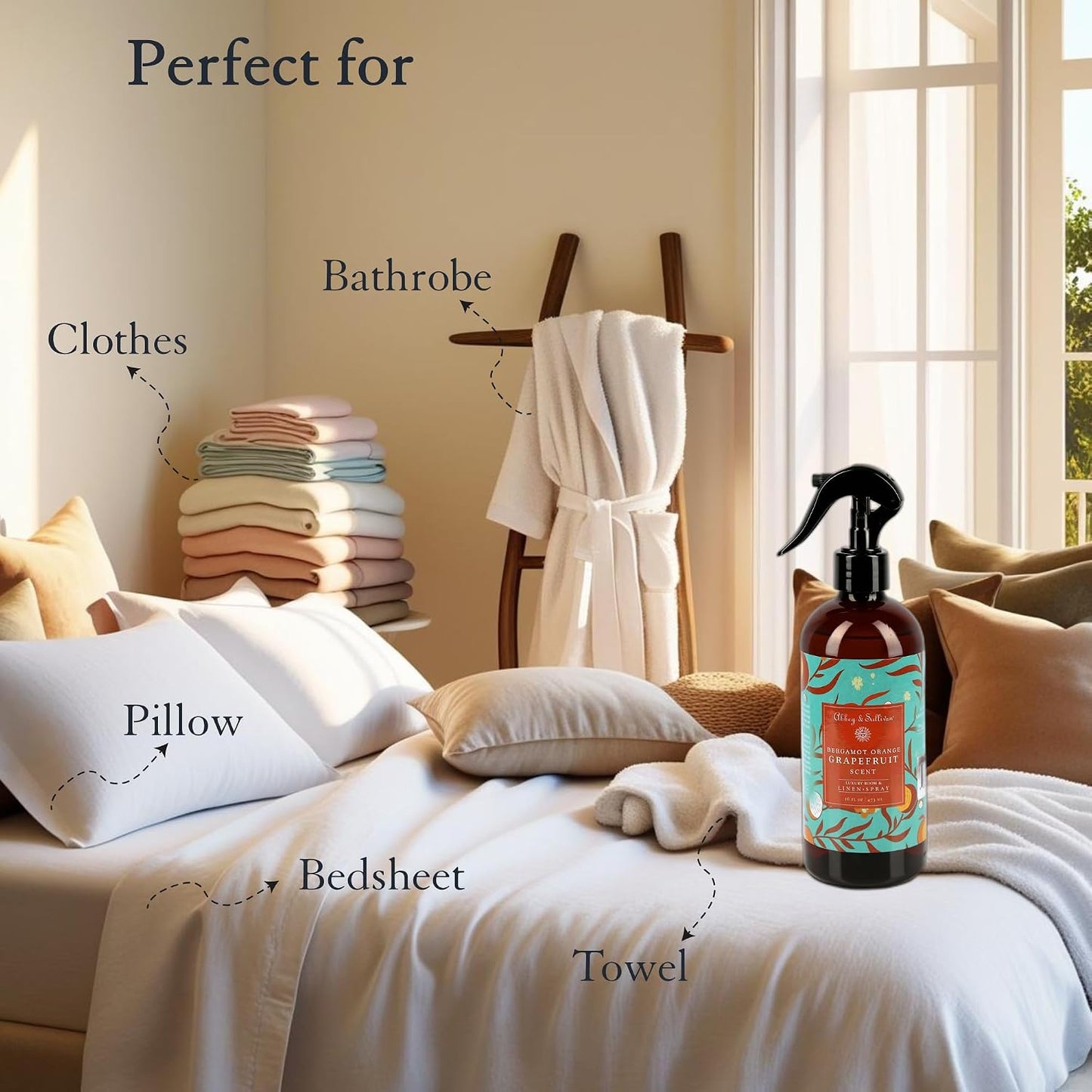 Abbey & Sullivan Linen Spray, Bergamot Orange Grapefruit, Fabric Freshener and Fragrance Room Spray, Pack of 2, 16 oz
