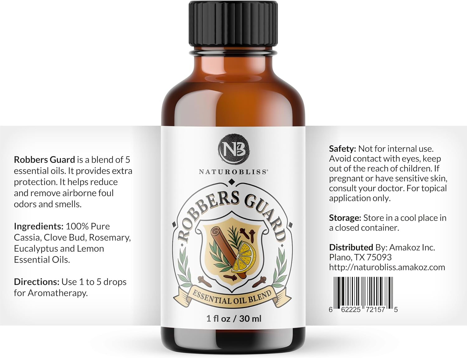 NaturoBliss Robbers Guard Synergy Blend Aromatherapy Essential Oils Blend (Cassia Clove Rosemary Eucalyptus Lemon) from Tales of French Thieves - 1 Fl. Oz, 30ml