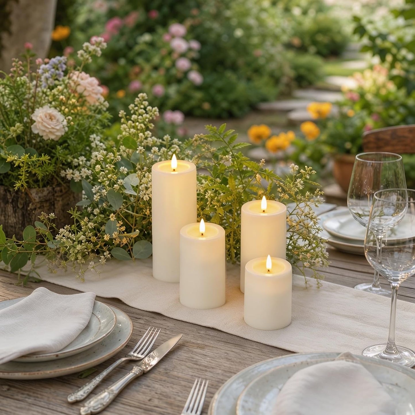 Outdoor Waterproof Flameless Candles with Remote and Timer, 4 Pack Battery Operated LED Flickering Pillar Candles, Fake Plastic Candles with Wax Effect for Lanterns, Indoor,(Ivory, 3" x4" 5" 6" 8")
