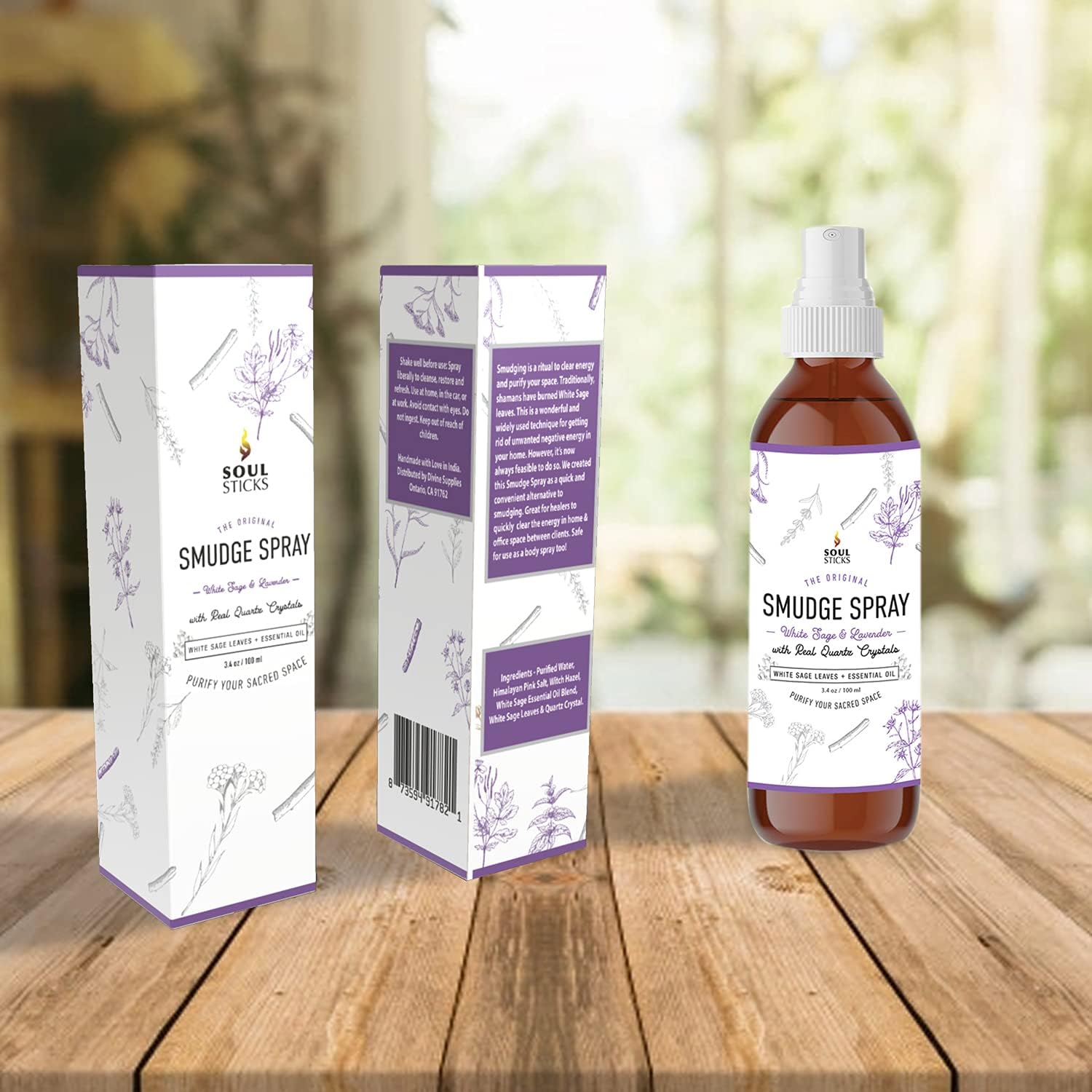 SOUL STICKS White Sage & Lavender Smudge Spray – 3.5oz Smokeless Mist with Quartz Crystals – Calming Essential Oil Spray for Sleep, Stress Relief, Meditation, and Energy Cleansing