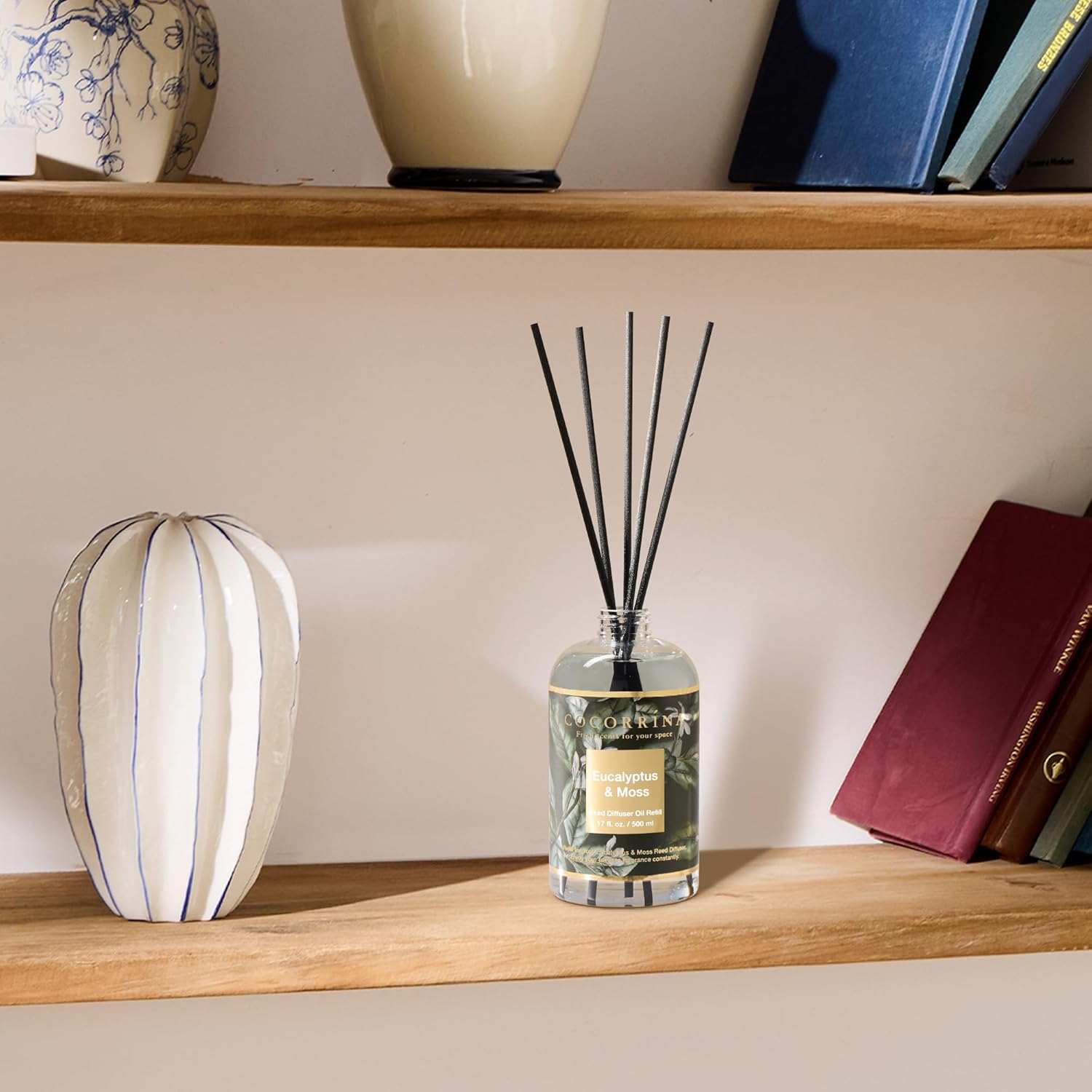 Cocorrína Reed Diffuser Refill Eucalyptus & Moss 17oz (500ml) with 8 Rattan Sticks - Premium Long-Lasting Essential Oil, Home Fragrance for Bedroom, Bathroom Home Decor