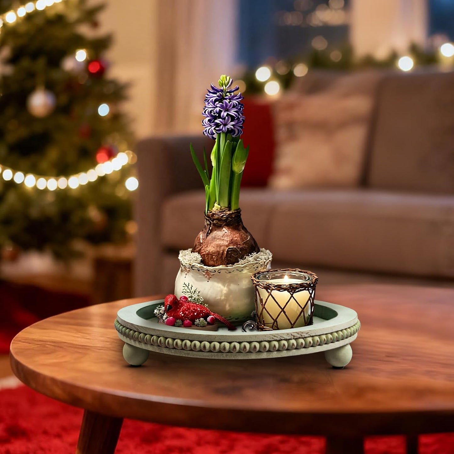 Candle Plate Hold Tray, Sage Round Trays, Wooden Decorative Tray for Coffee Table Decor, Beaded Edge Wood Tray Riser for Living Room Table, Mug Display Decorative, Table Centerpiece, Rustic Green