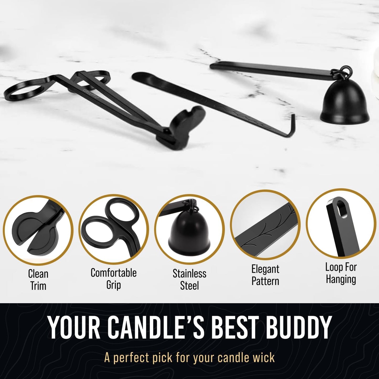 Craft911 Candle Snuffer and Wick Trimmer with Dipper 3 in 1 Candle Care Kit for Candle Lover (Black)