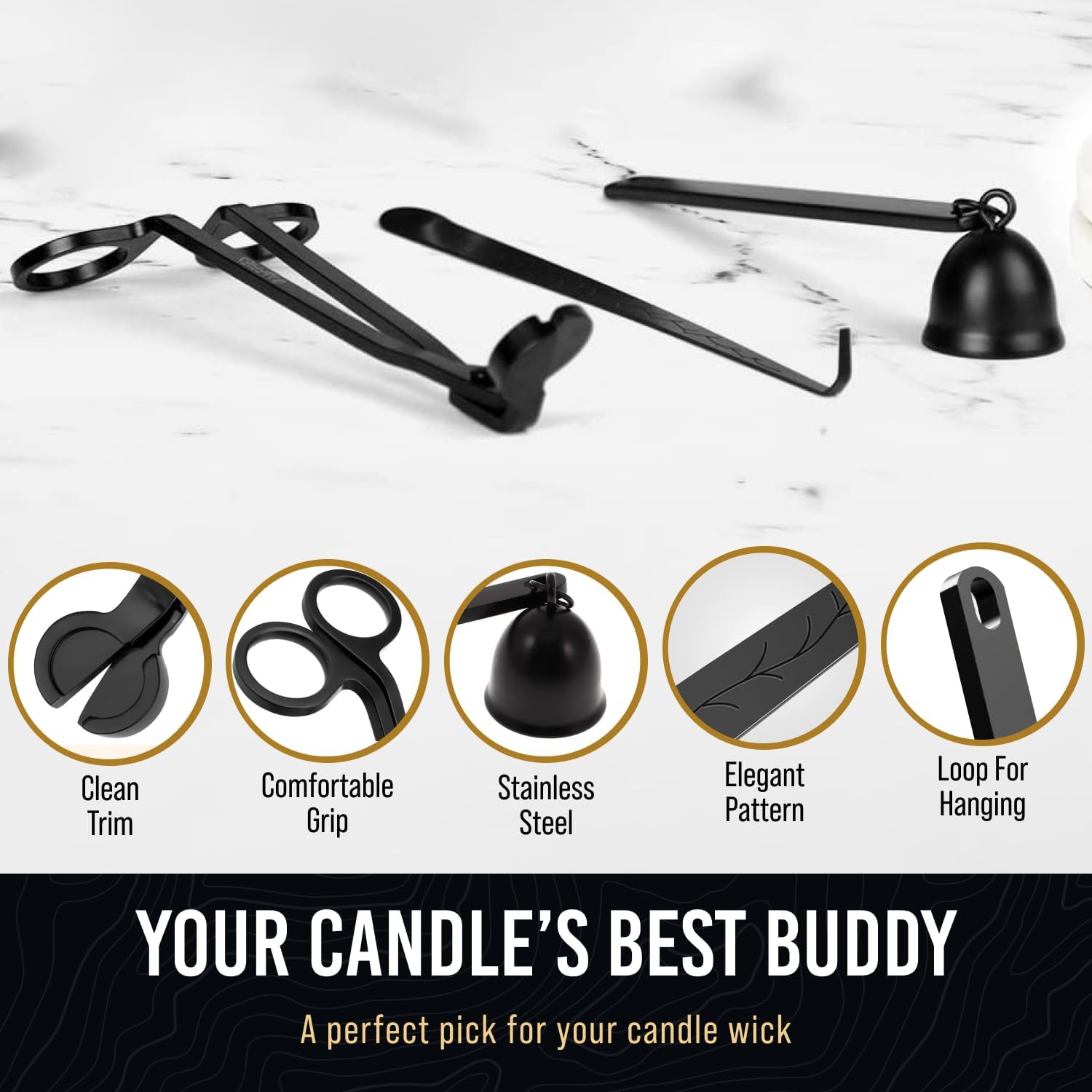 Craft911 Candle Snuffer and Wick Trimmer with Dipper 3 in 1 Candle Care Kit for Candle Lover (Black)