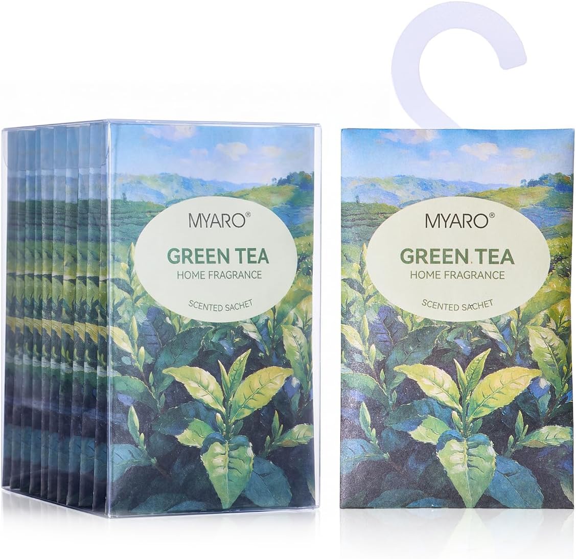 MYARO Hanging Sachets Air Freshener for Home: 12 Packs Clean & Fresh Hanging Scented Sachet Bags for Closet, Clothes, Lingerie Drawer, Car, Bedroom, Laundry Fragrance Gift for New House (Green Tea)