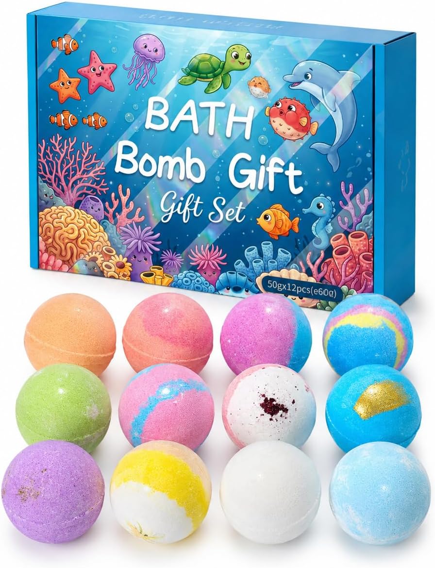 Ocean Bath Bomb Gift Set, 12 Pack Colorful Bath Fizzies, 1.76 oz Each, Bathwater Additive for Relaxing Soaks, Home Spa Bath Set for Women and Men