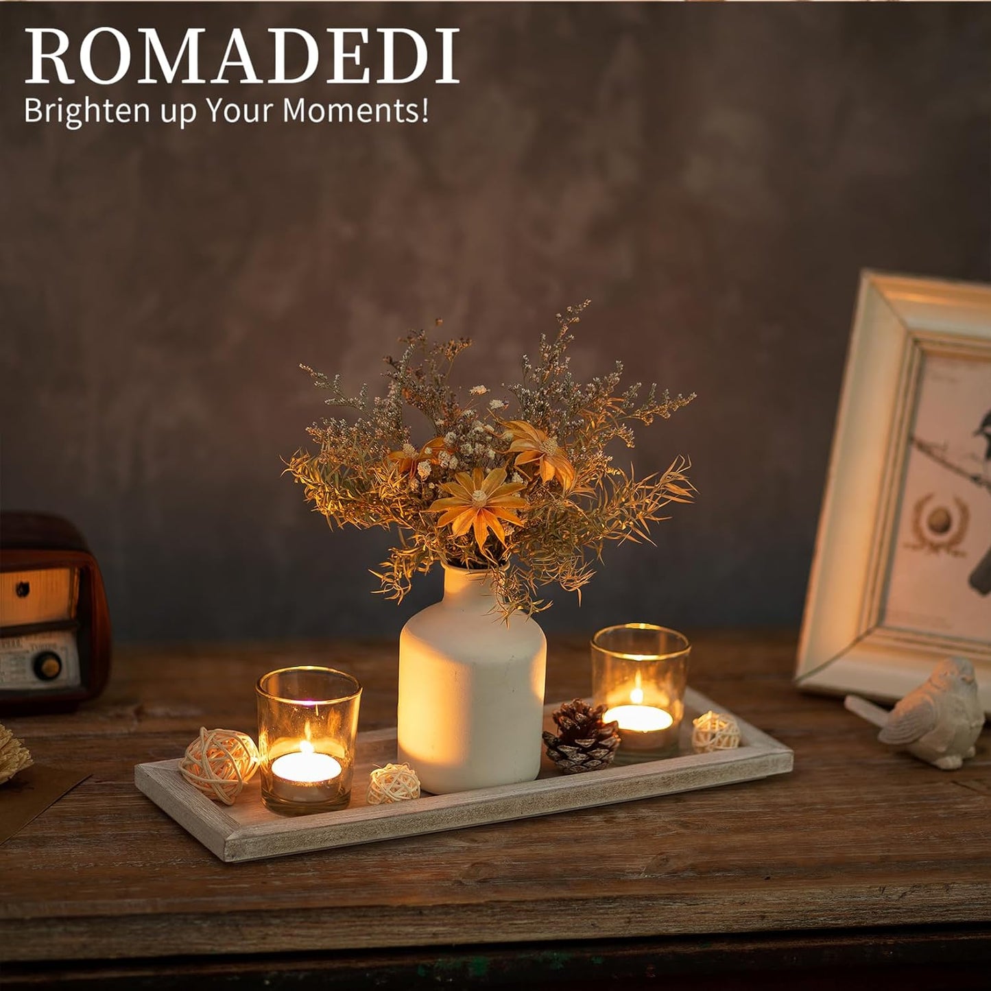 Romadedi Wooden Decorative Tray Candle Holder - 13.5 inch Wood Long Narrow Tray Home Decor Small Rustic Farmhouse Centerpieces Trays for Coffee Table Dining Room Living Room, Whitewashed