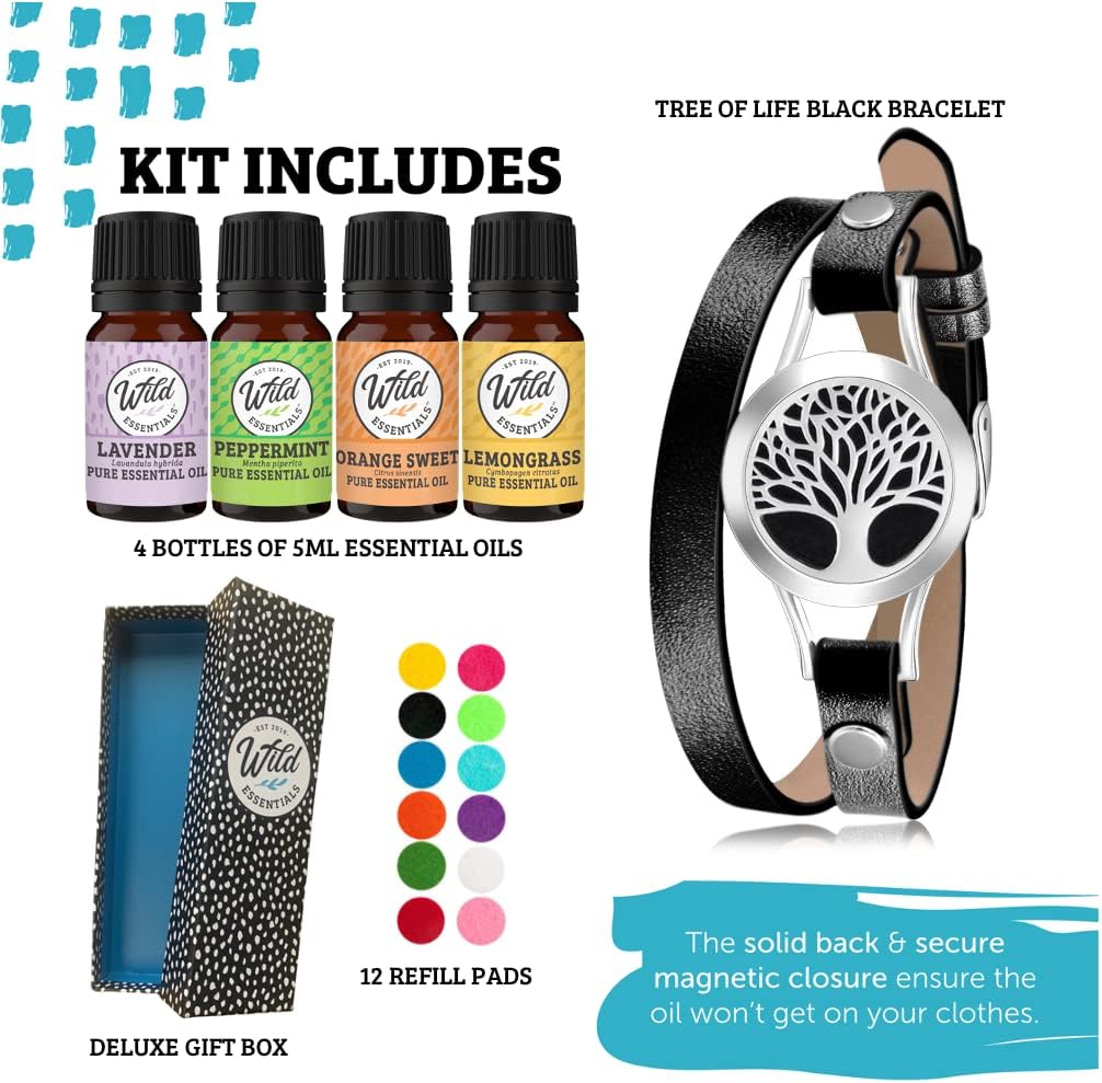 Wild Essentials Tree of Life Essential Oil Leather Wrap Bracelet Diffuser Kit, Gift Set, Lavender, Lemongrass, Peppermint, Orange Oils, 12 Pads, Customizable Color Changing Perfume Jewelry, Black
