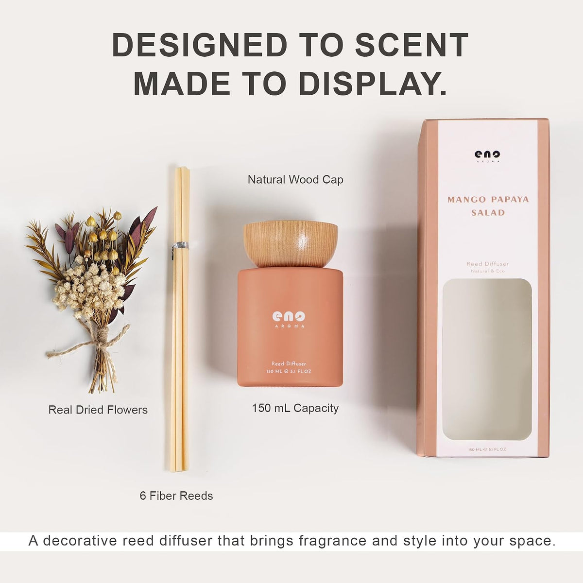 Reed Diffuser Set with Dried Flowers, 5.1 fl oz / 150ml, Mango Papaya Salad - Home Fragrance Diffuser with Sticks for Bathroom Shelf Decor, Bedroom, Office &amp; Gift