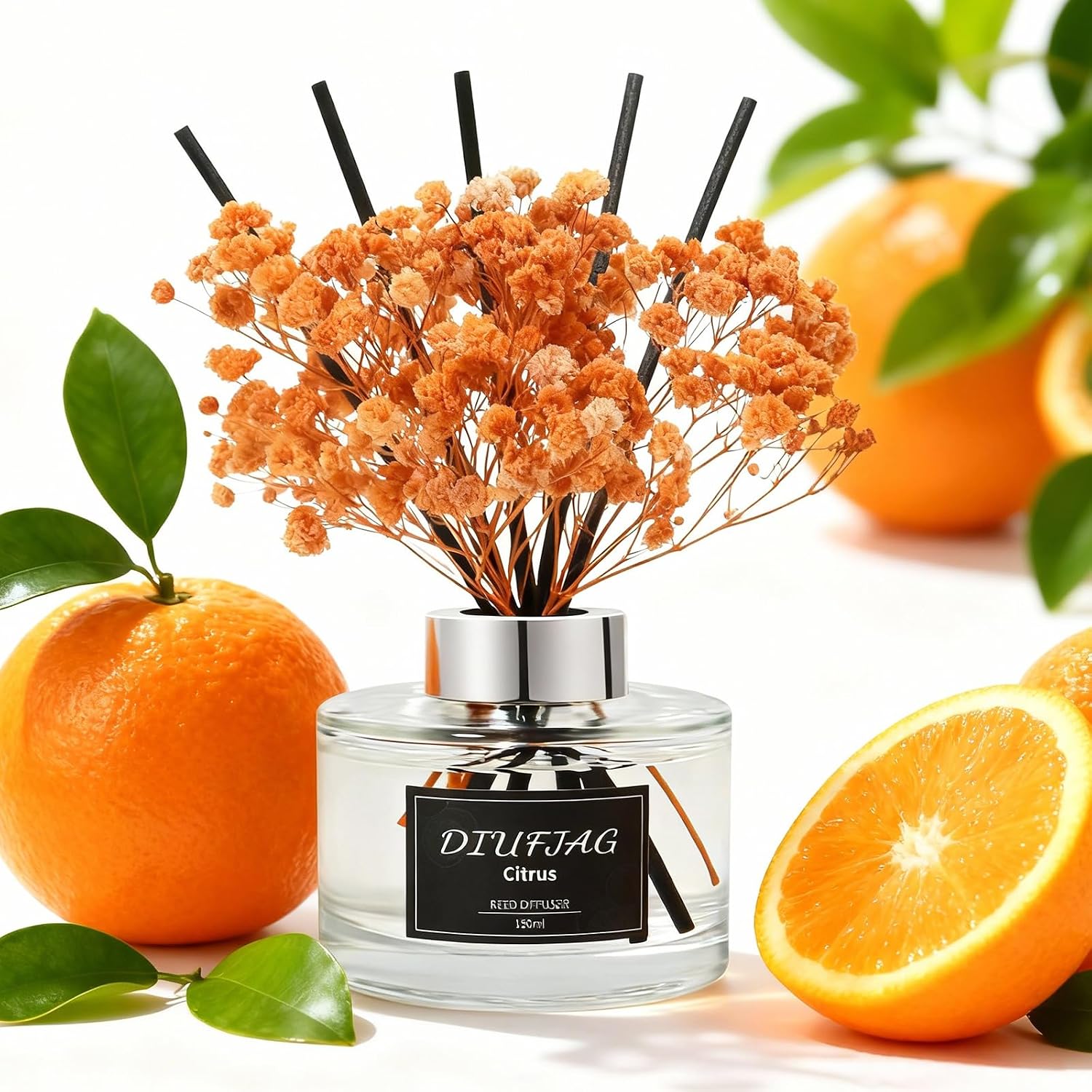 Citrus Reed Diffuser Set, 5.07 fl oz Scented Oil Diffuser with 8 Sticks & Dried Flowers, Home Fragrance for Living Room Bedroom Bathroom, Air Freshener Decor Gift