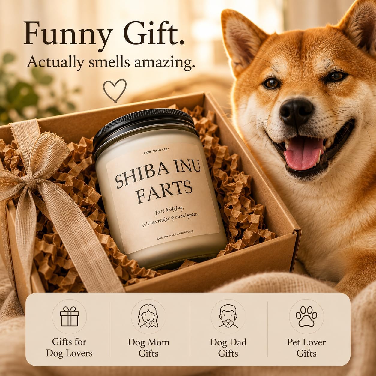 Shiba Inu Gifts & Decor, Dog Farts Candle, Dog Mom Gifts for Women - Lavender & Eucalyptus, Crafted by Natural Soy Wax & Natural Essential Oils, 7OZ