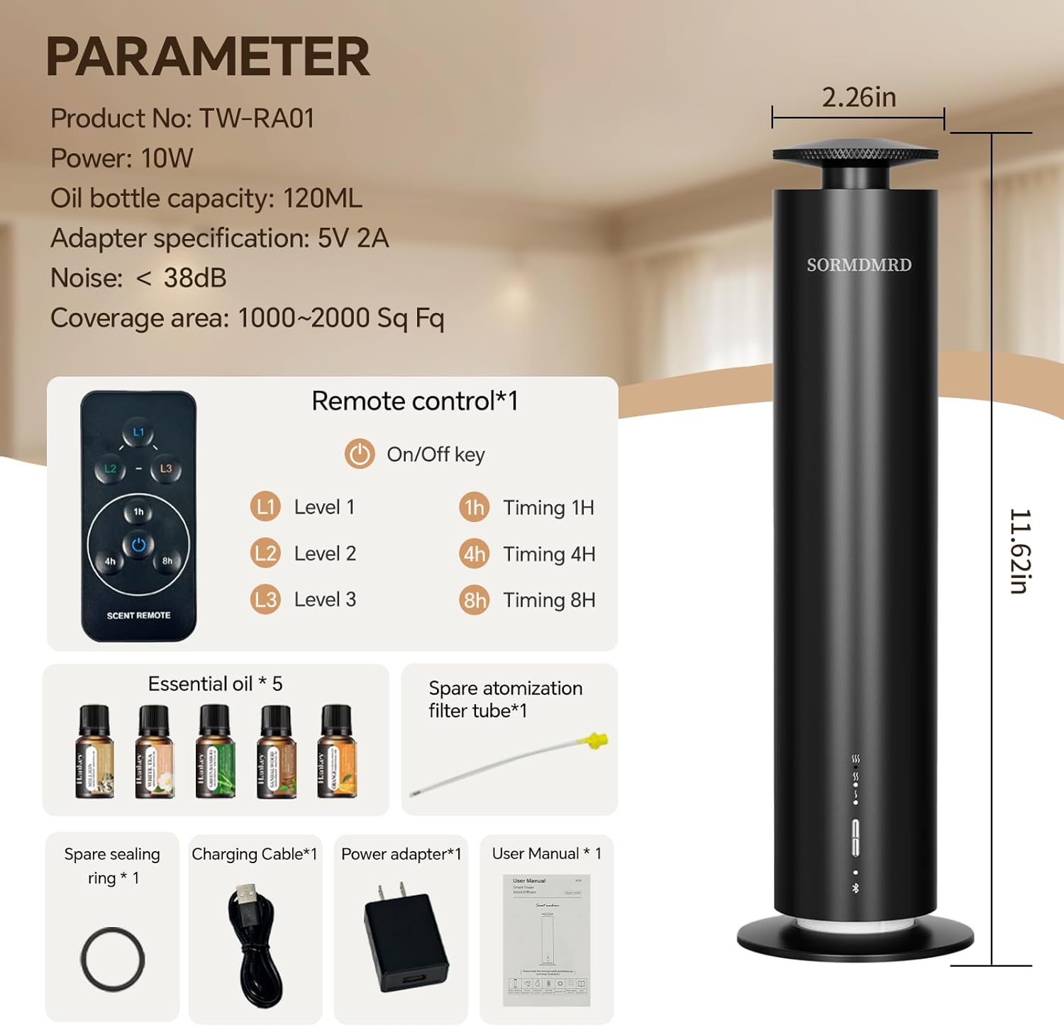 Waterless Scent Diffuser Starter Kit with 5 Scent Essential Oils, Covers 2000 Sq Ft, Cold Air Diffusers for Home, Hotel, Office, Aromatherapy Diffuser with Adjustable Mist, Timer, App & Remote Control