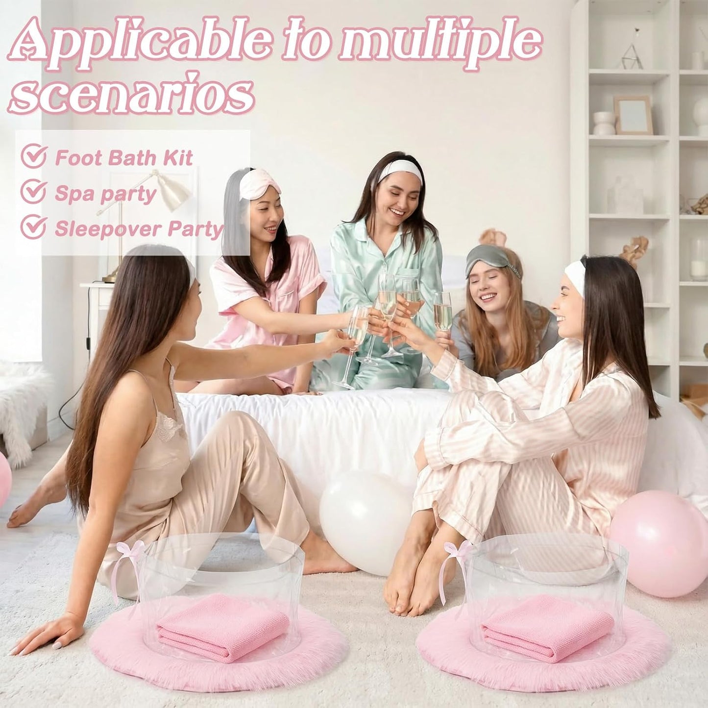 HunnmingRe 18 Pcs Foot Spa Kit for Pink Spa Sleepover Party Supplies with 6 Foldable Foot Soaking & 6 Towels & 6 Floor Mats Matching Ribbon for Women Gift