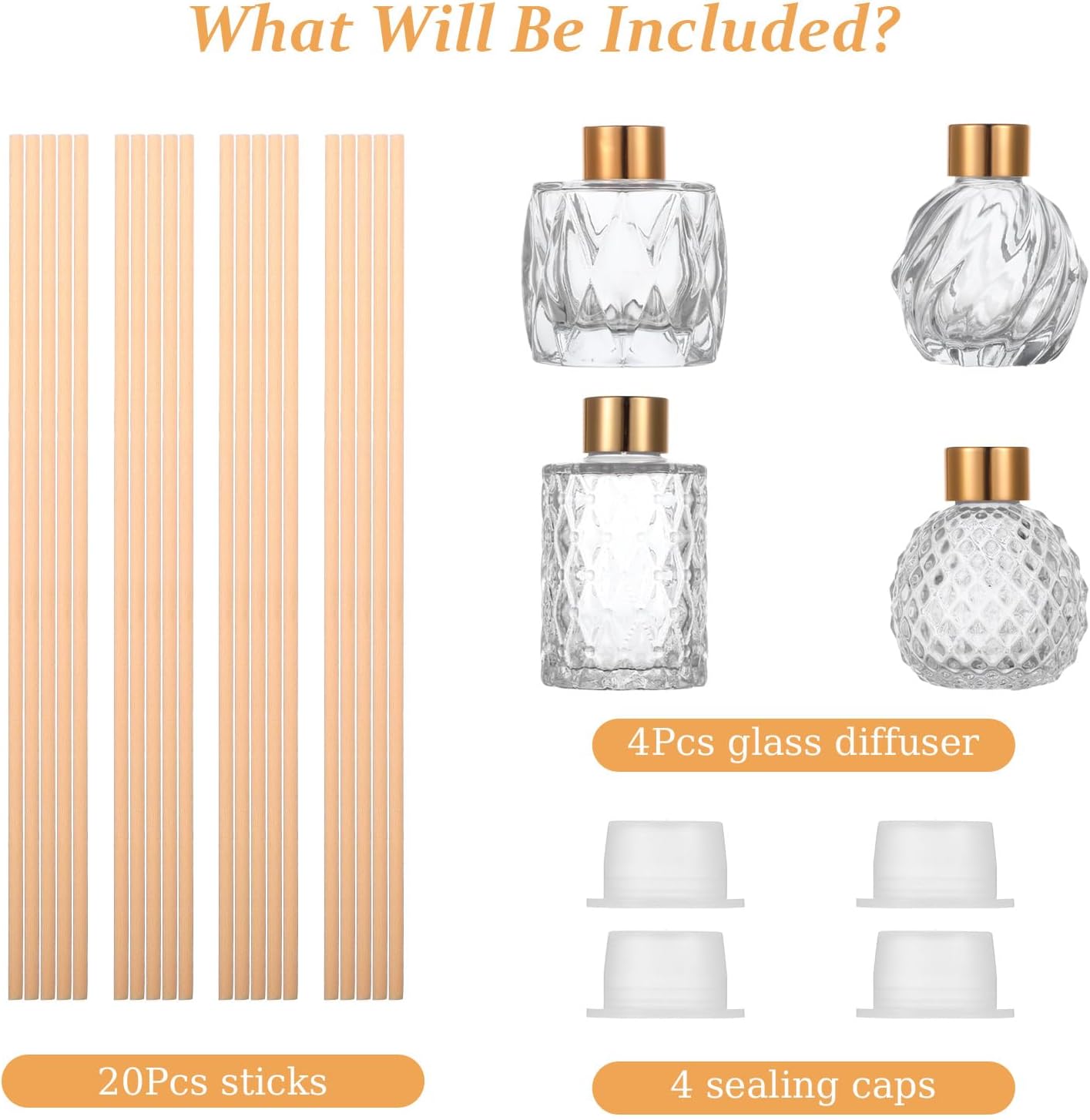 4 Piece Reed Diffuser Set, 3.5-4.2oz Empty Bottles and 20 Reed Sticks, Unique Design for Home and Office