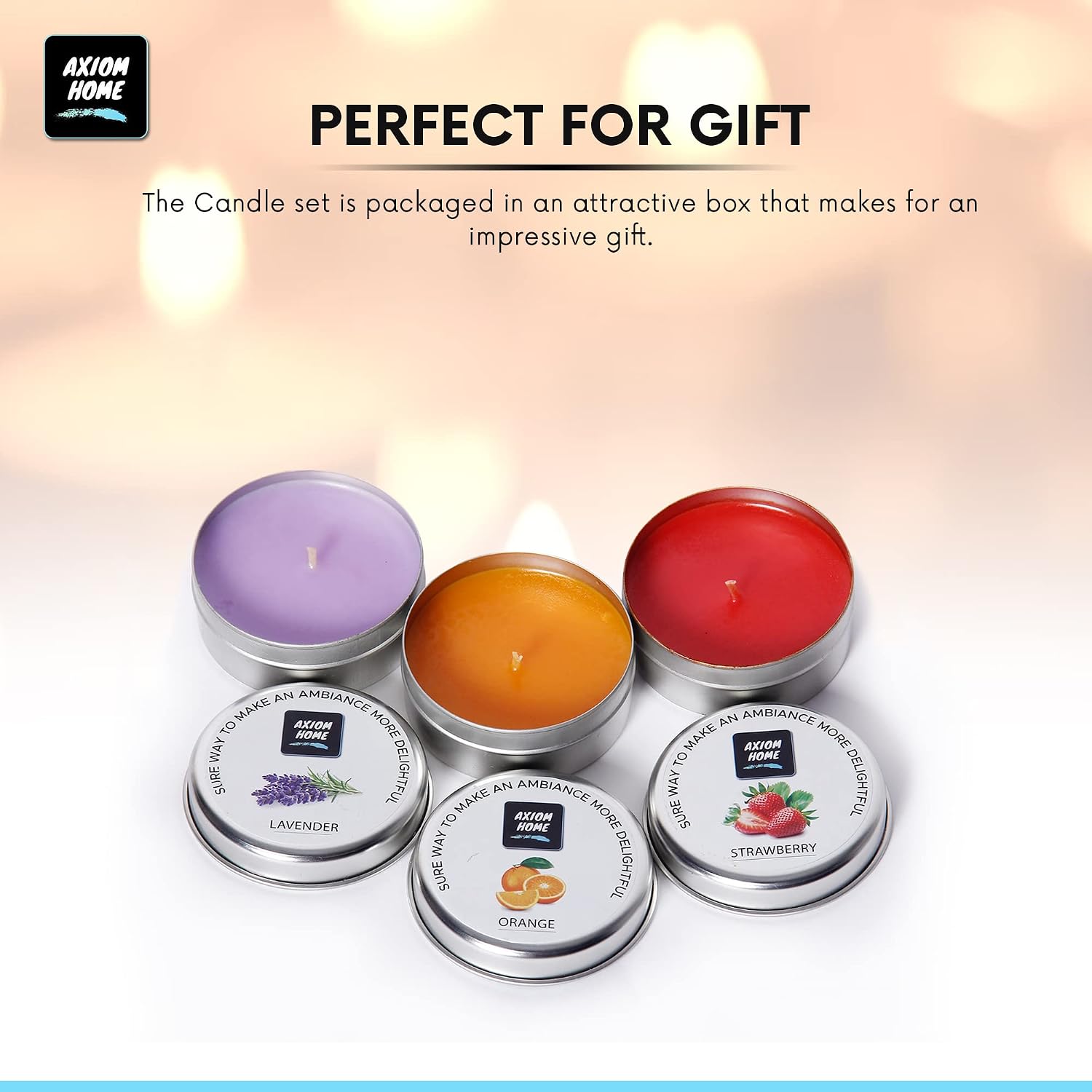 Axiom Pack of 3 Light Scented Tin Candles 12 Hours Long Lasting Combo Strawberry Orange Lavender Smokeless Stress Relief & Aromatherapy Natural Candle Gift for Mothers Day & Valentine's Day