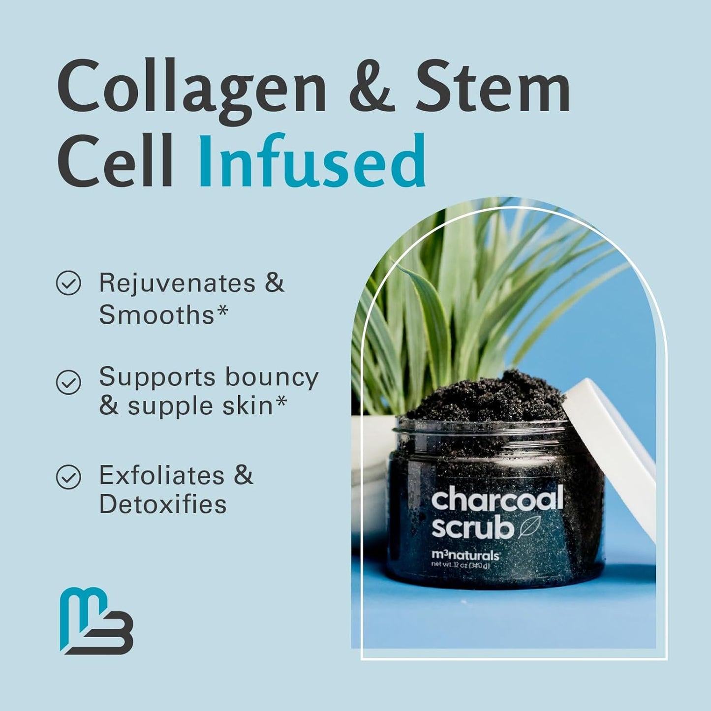 Exfoliating Charcoal Scrub with Collagen & Stem Cells – Salt Scrub for Body Toning, Cellulite, Armpit Detox, and Skin Smoothing for Face, Feet, and Body by M3
