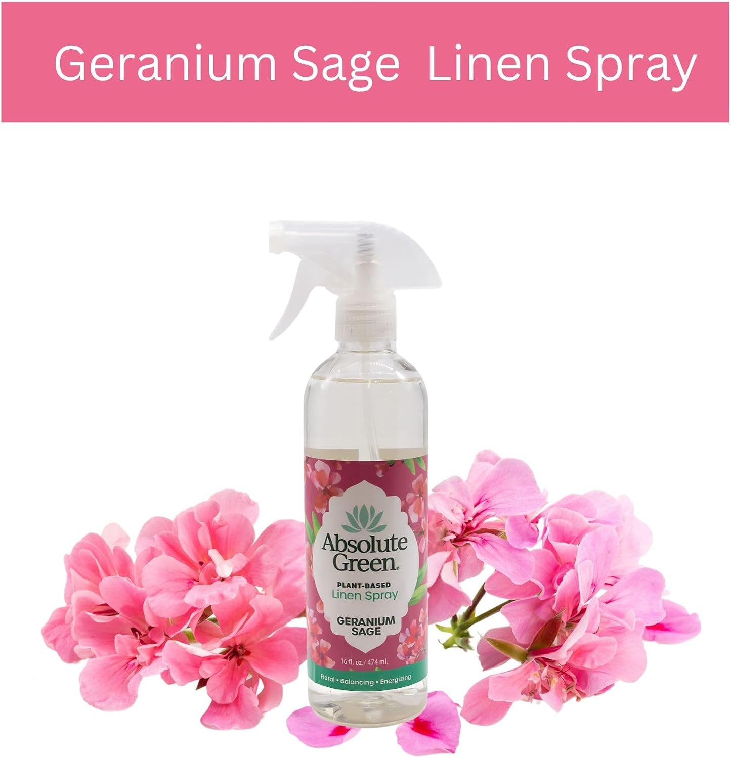 Absolute Green Linen and Fabric Spray, Fabric Freshener, Sheets, Towels, Sofa, Pet Safe, Geranium Sage Scent, 16 oz