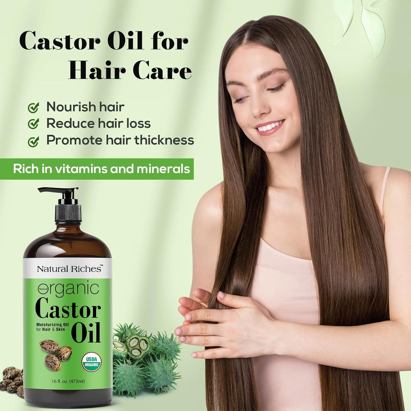 Natural Riches Organic Castor Oil Glass Bottle - USDA Certified, 100% Pure, Unrefined & Cold Pressed – Soothes Dry Skin, Scalp - For Hair Growth & Thicker Eyelashes, Eyebrows – 16 fl oz