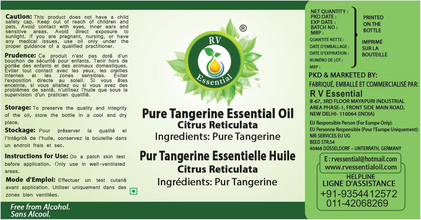 R V Essential Pure Tangerine Essential Oil 5ml (0.169oz)- Citrus Reticulata (100% Pure and Natural Therapeutic Grade)